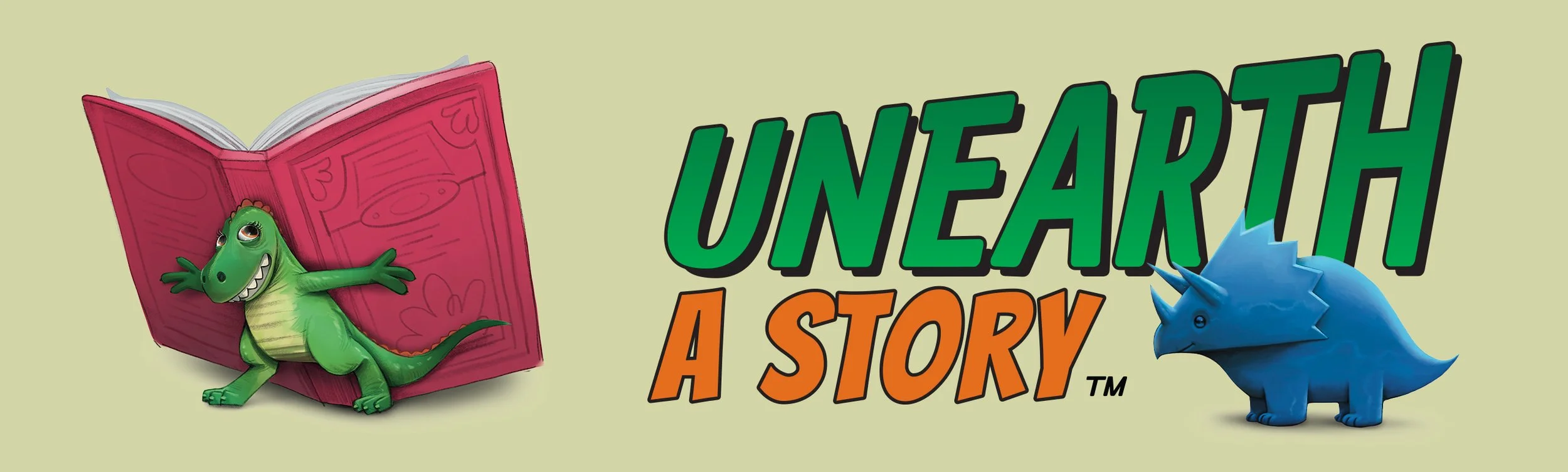 "Unearth a story" logo with an image of a dinosaur holding a book open