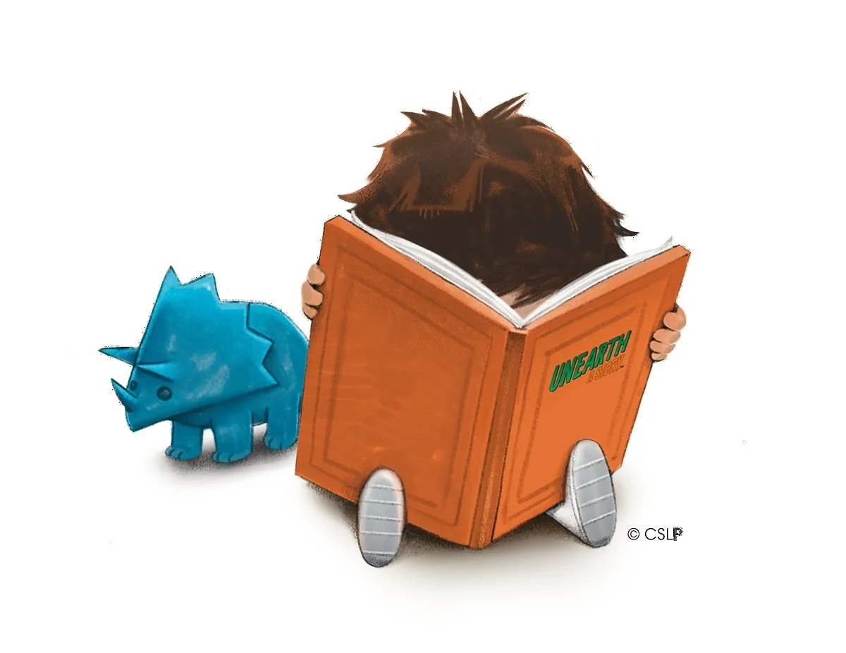 cartoon child reading with blue toy dinosaur nearby