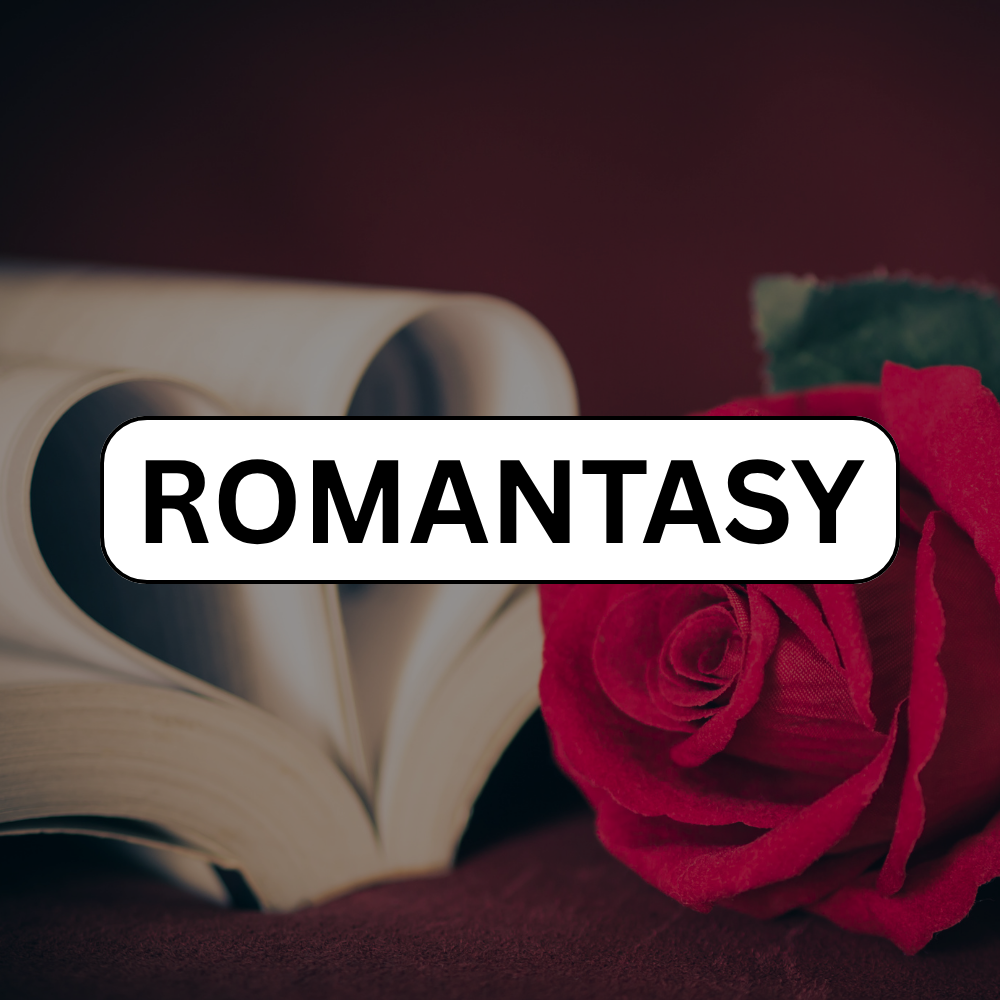 Romantasy. Book pages curved into heart and red rose.