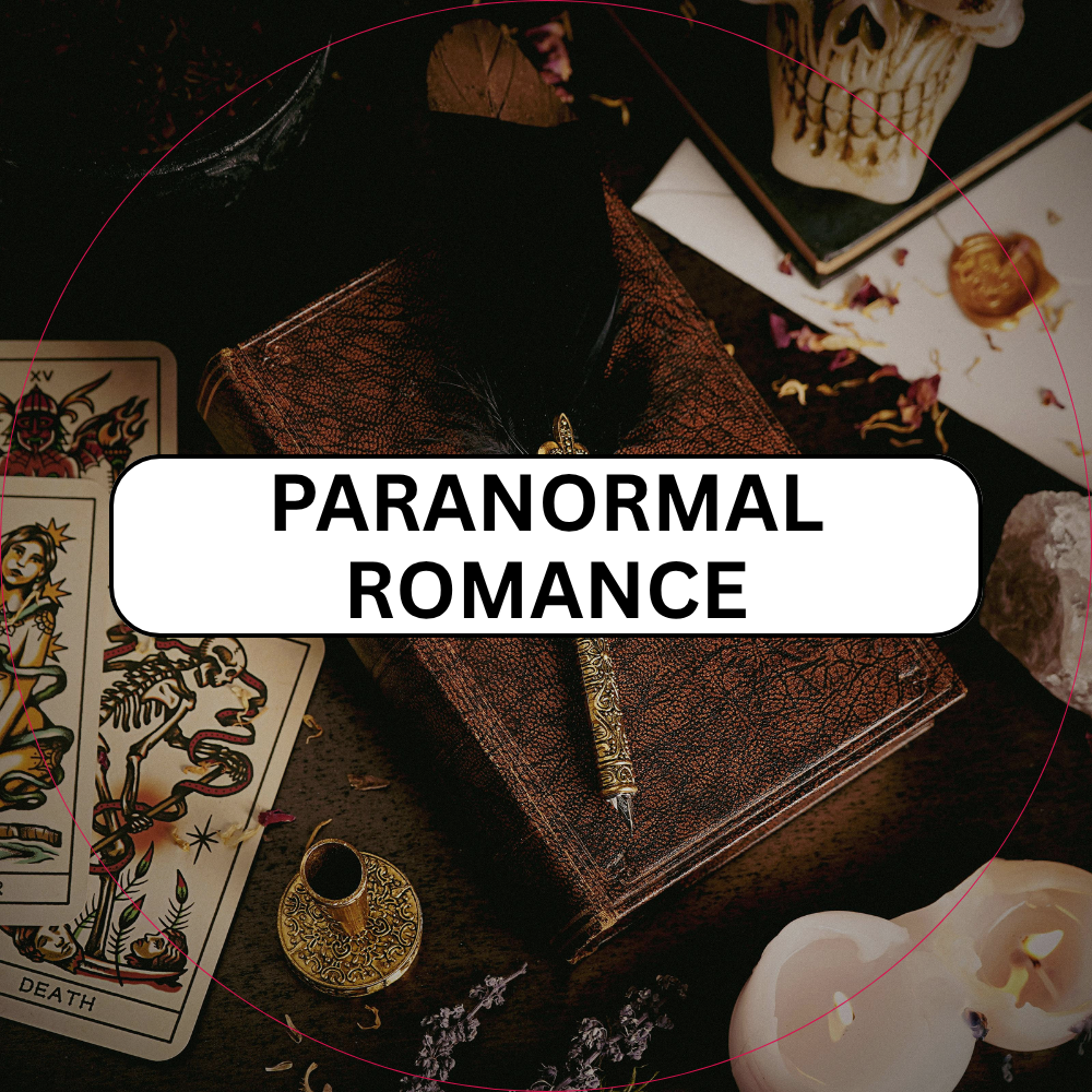 Paranormal Romance. Feathered pen atop a dark book, tarot cards, candles.