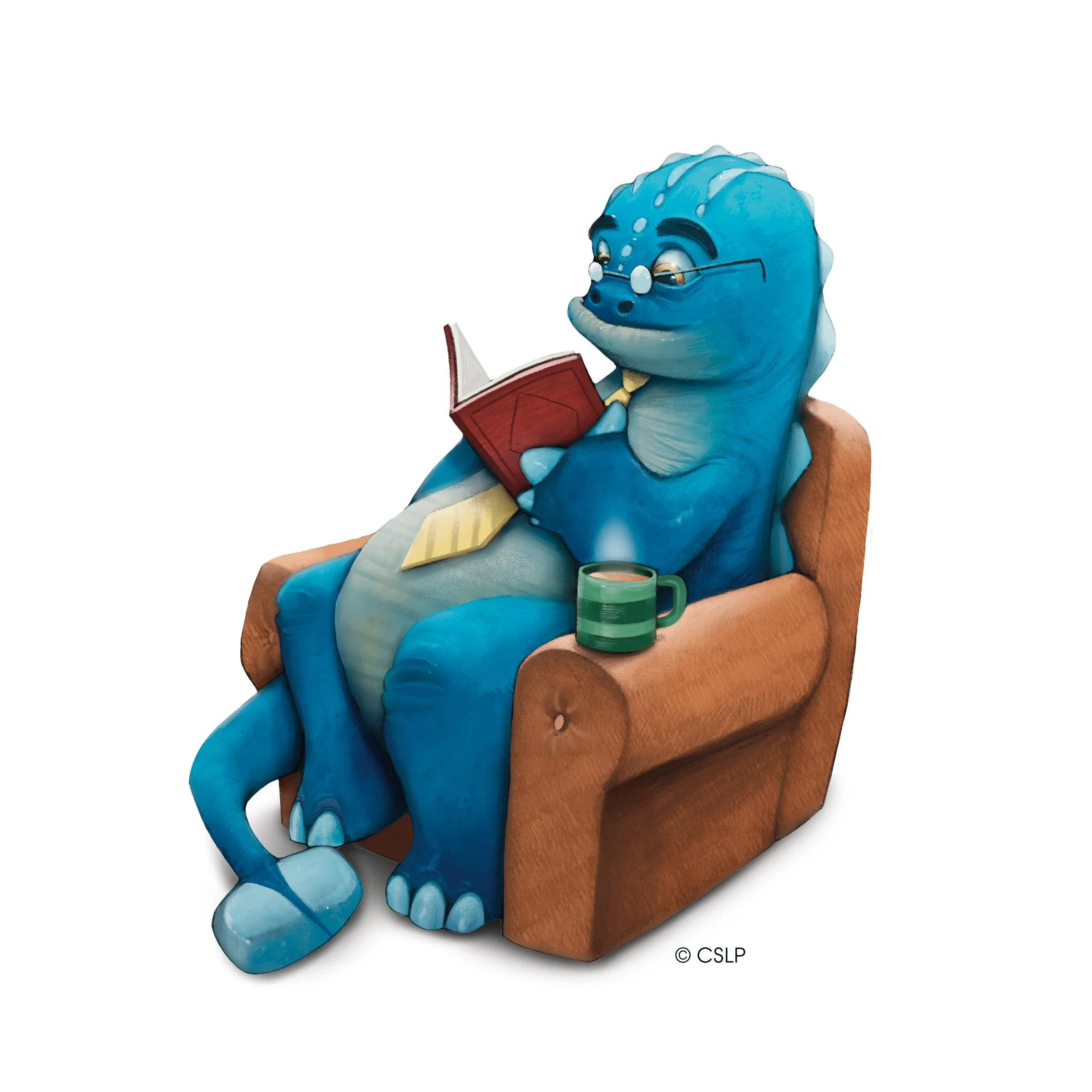 cartoon dinosaur sitting in an armchair reading a book
