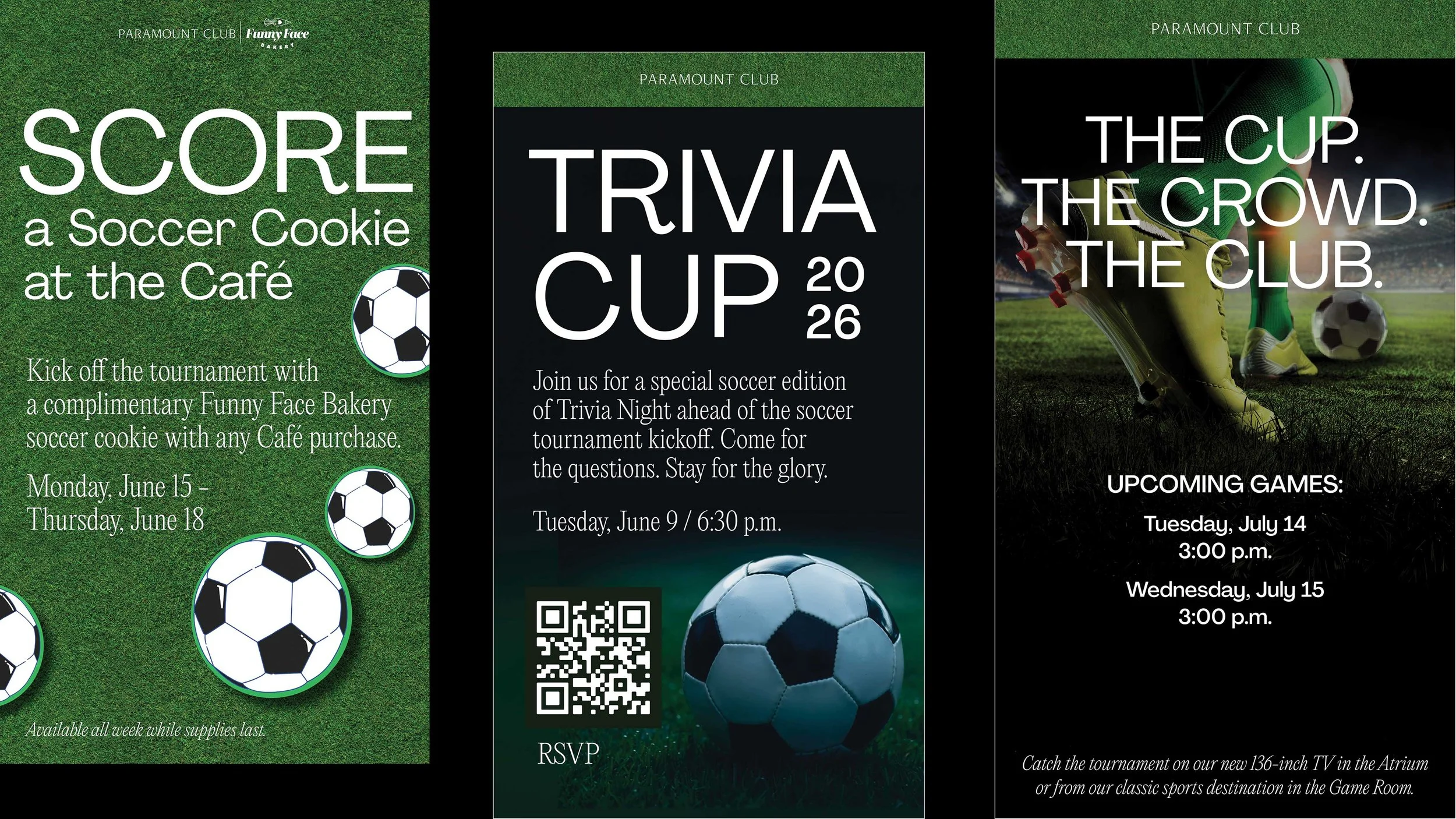 One tournament campaign across three placements: café promotion, trivia night and game-day screen