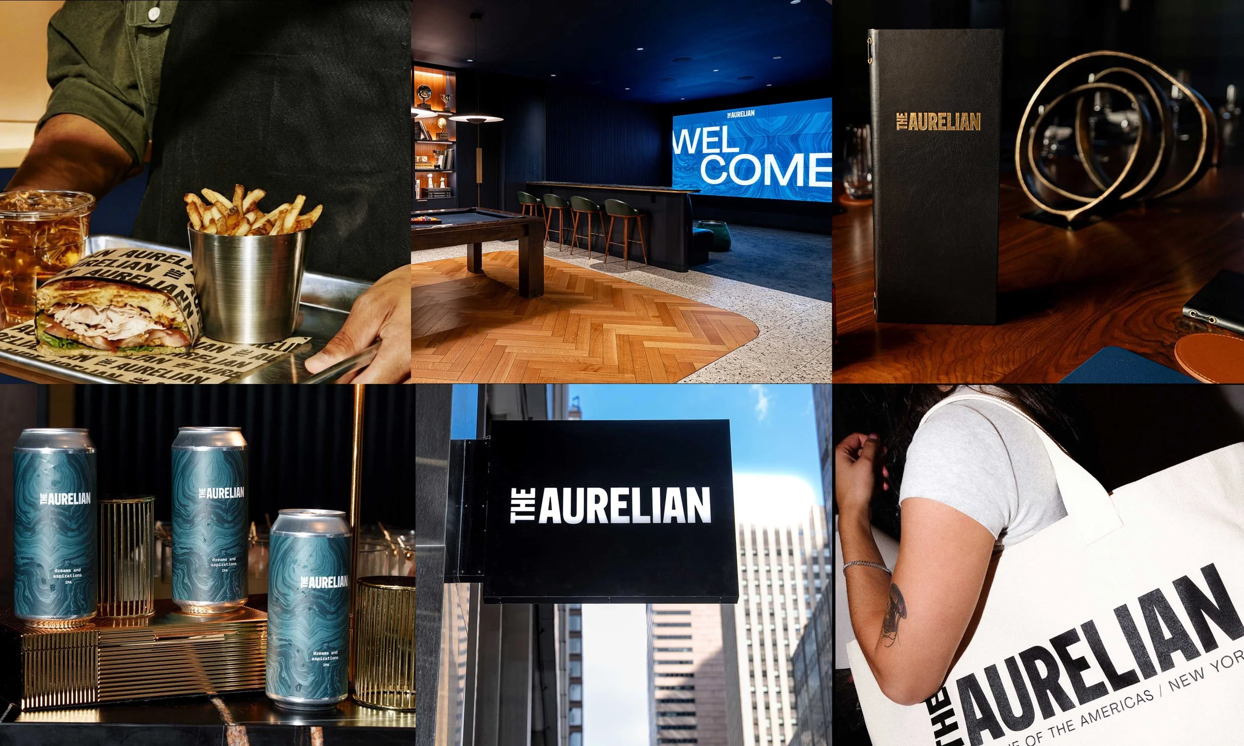 The Aurelian across menus, signage, cans, screens and tote bags