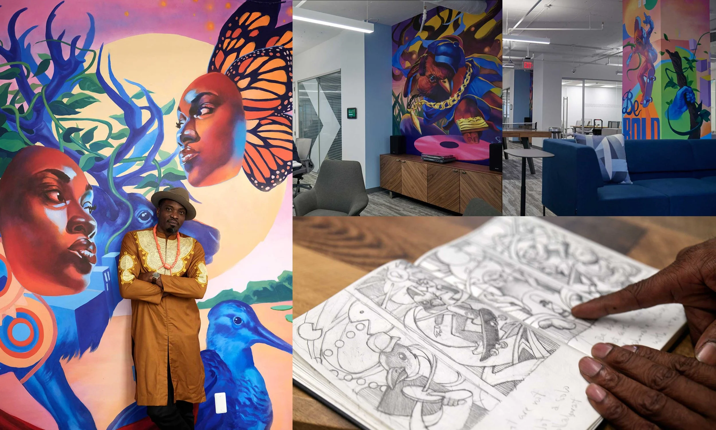 Aniekan Udofia with his mural, the DC office interior, and his pencil sketch