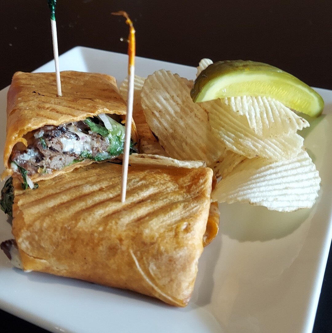 New! Helsing's Favorite. Braised beef with onions, lettuce, and house garlic aioli! #cocktails #bars #gamebar #boardgames #ithacany #ithaca #boardgamebar #wrap #food #new