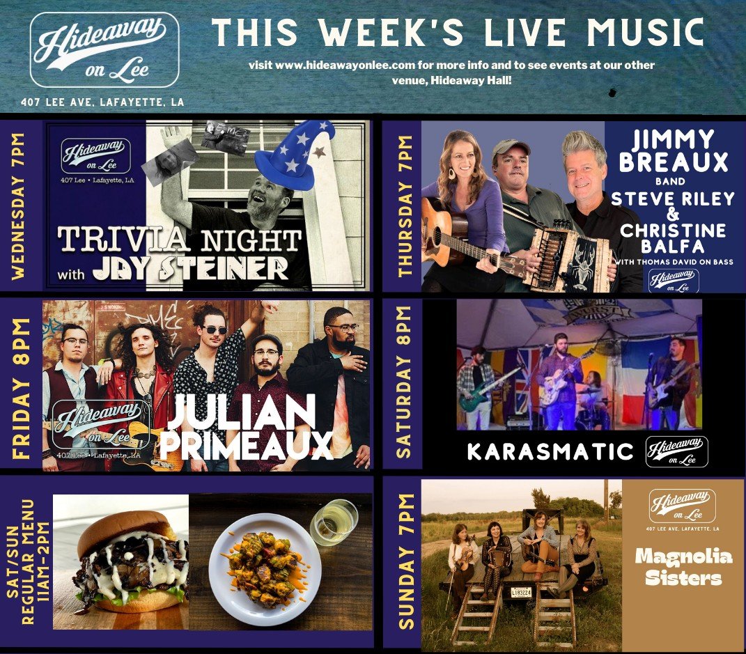 This week at Hideaway on Lee!  We are keeping the Thursdays and Sunday shows at 7pm until it becomes too hot.  So all shows except Friday and Saturday are 7pm starts until further down the road.