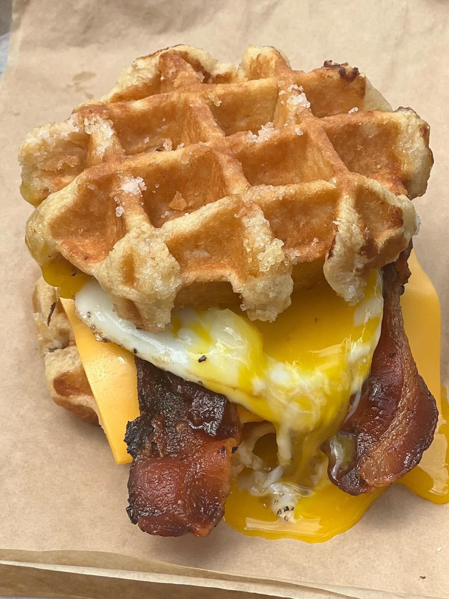 We are open for Saturday brunch 11am -2pm serving our brunch and regular menu, mimosa juice flights and brunch cocktails 
Try our waffle Sandwich 
Bacon, sunny side up egg, American cheese on pearl sugar waffles