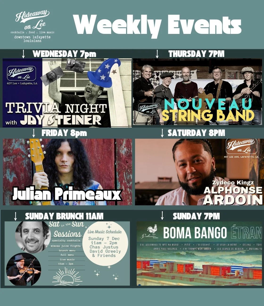 This week at Hideaway on Lee!  Swing, Blues, Zydeco and Congolese Rumba all in one week!