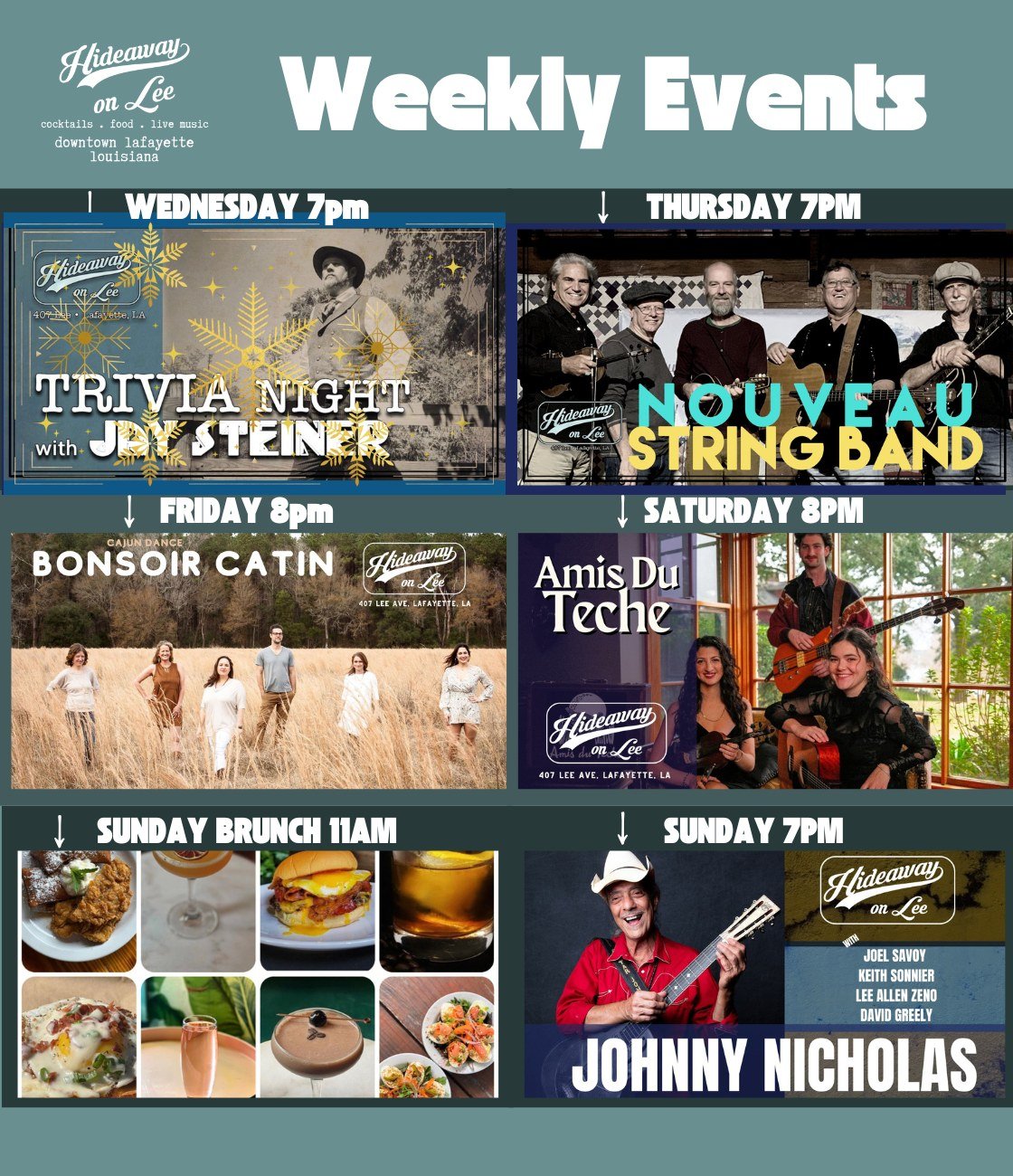 This week at Hideaway on Lee!  We will be closed for LUNCH on Thursday, but back to regular hours Thursday night and for the dance with Nouveau String Band!