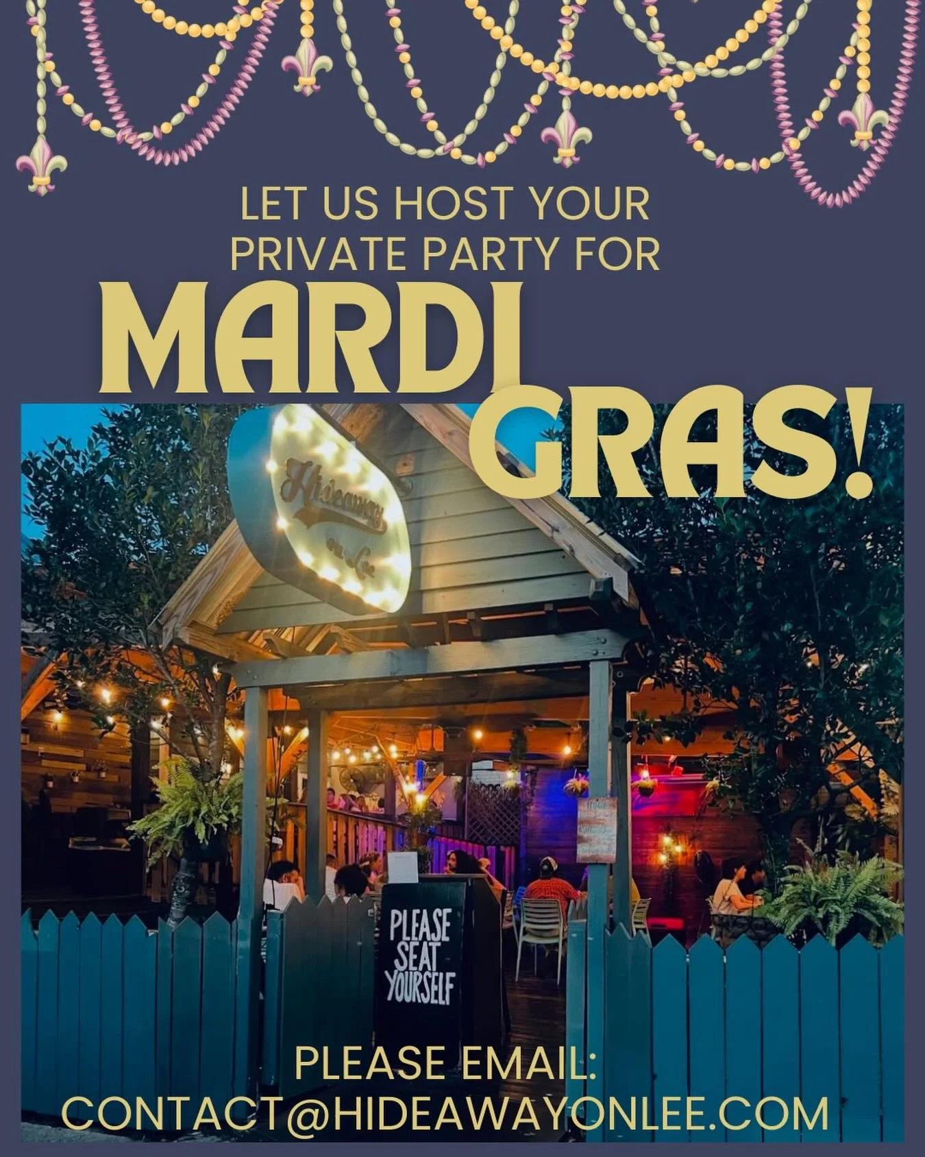 Book your private Mardi Gras event with us!
Now booking Monday 16th Feb and Tuesday 17th Feb
Rental includes access to our parking lot.