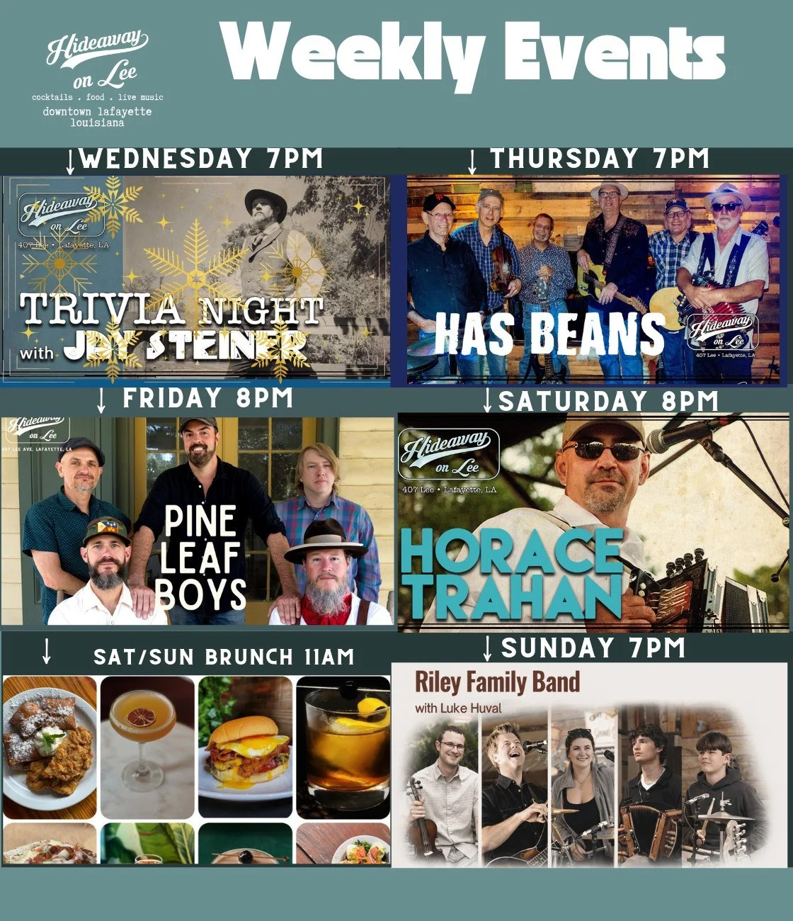 This week at Hideaway on Lee!  Let's keep enjoying these spring temperatures outdoors with some great music and trivia!