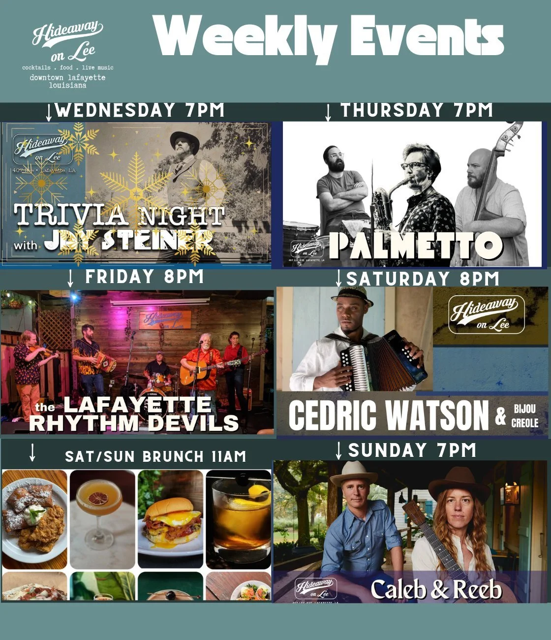 This week at Hideaway on Lee!  Some really great music and the usual crowd favorite: Wednesday night trivia!