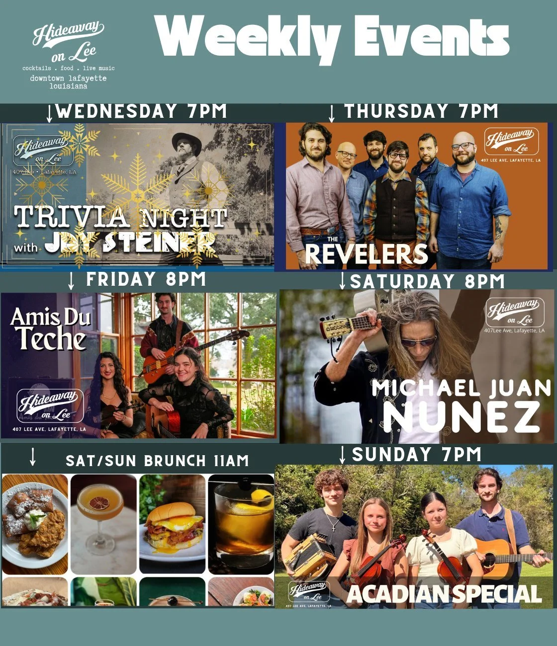 This week at Hideaway on Lee!  One amazing lineup and a week of beautiful weather to spend outside!