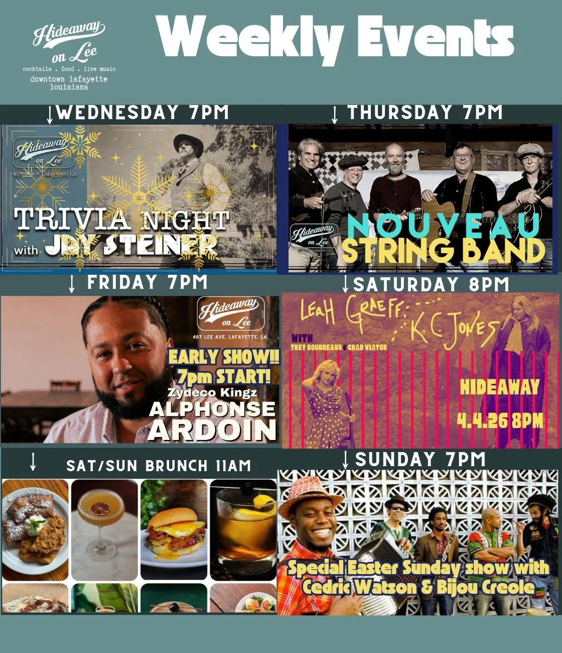 This week at Hideaway on Lee!  FRIDAY is a special early show 7pm start with the great Zydeco band "Alphonse Ardoin" and Cedric Watson will play the dance for EASTER SUNDAY at 7pm.  Be sure to check out Kelli Jones/Leah Graeff and Trey Boud