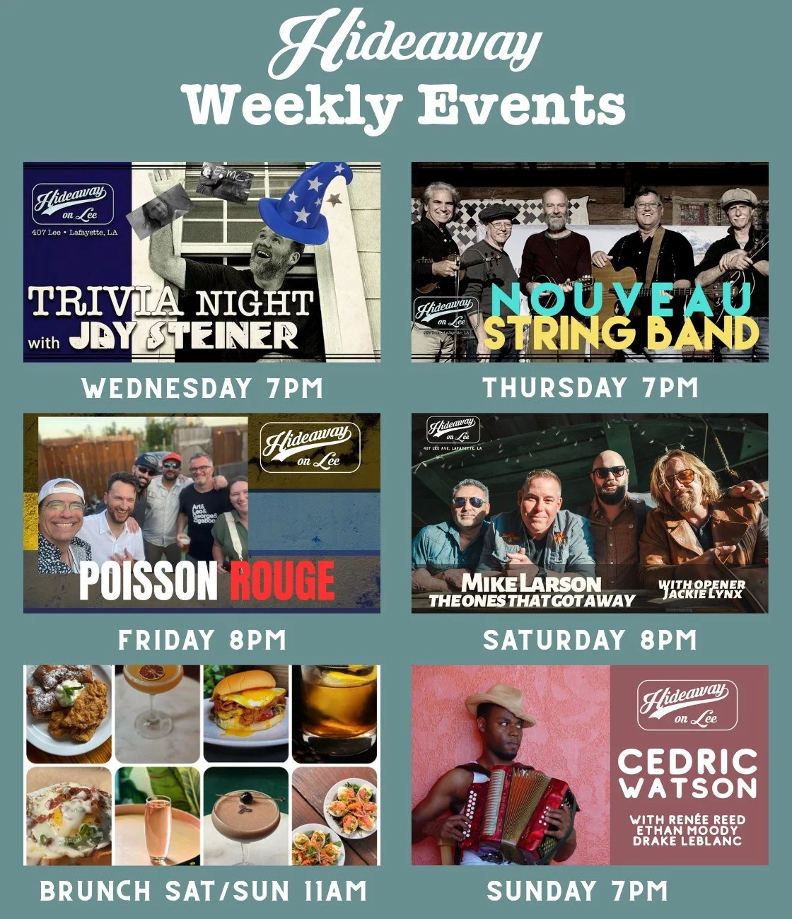 This week at Hideaway on Lee!  Amazing weather for outdoor dining and music!