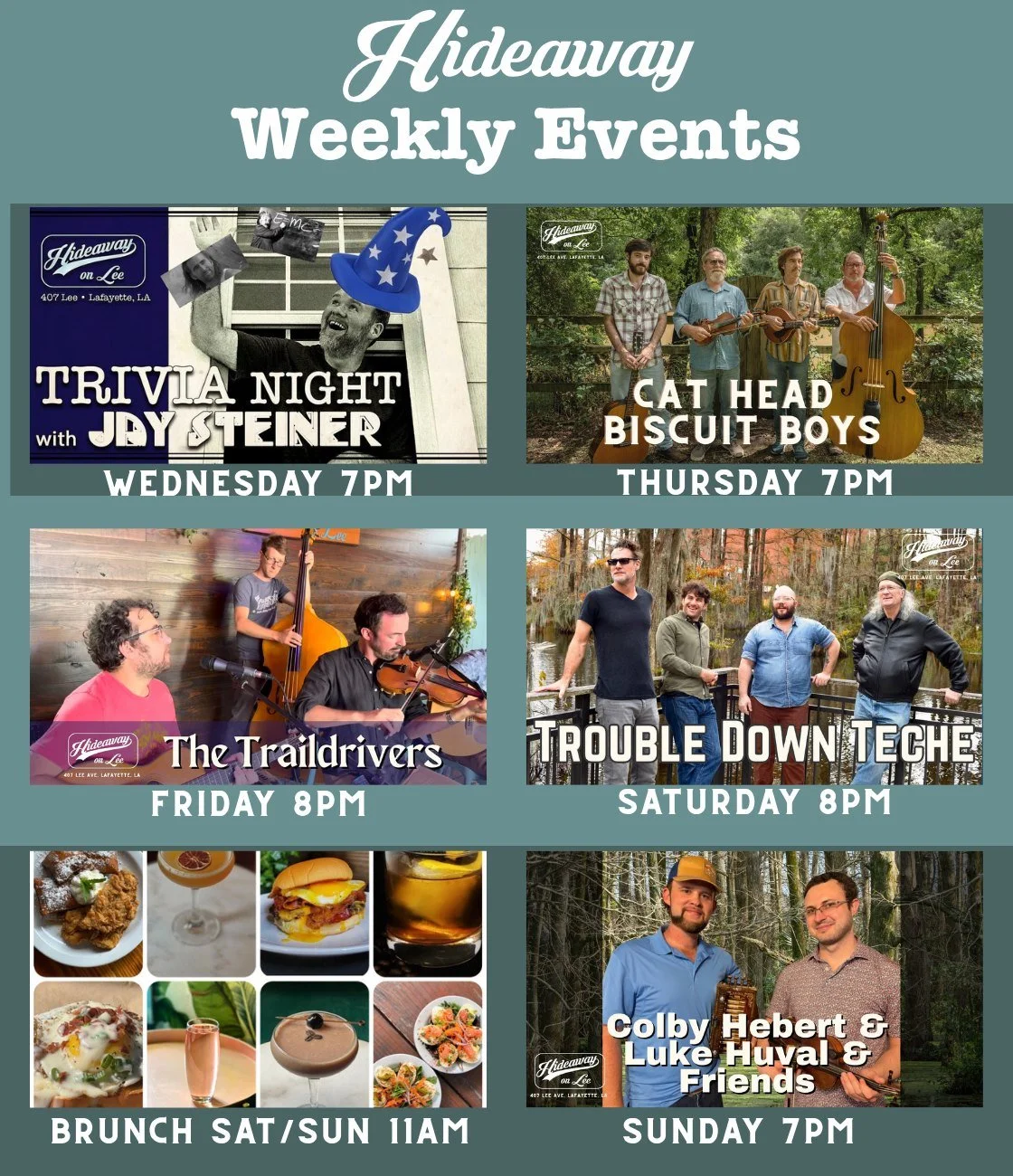 This week at Hideaway on Lee!  Swing, Country, Old-Time, Blues, Cajun- so much great music!