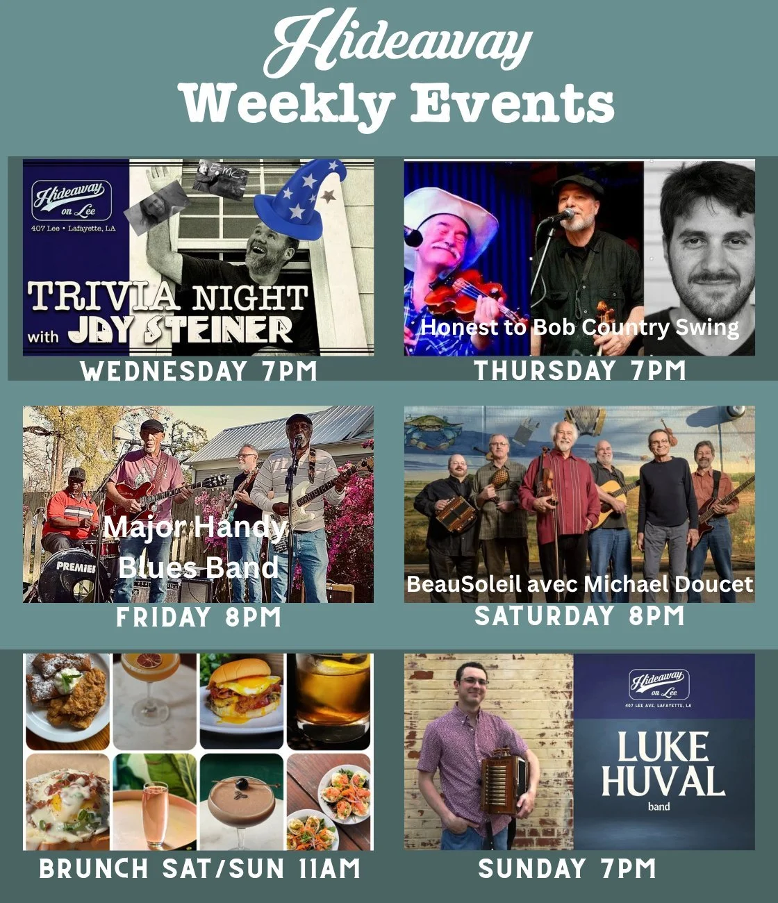 This week at Hideaway!  Country swing, Blues and Cajun!  Great music Thursday-Sunday!