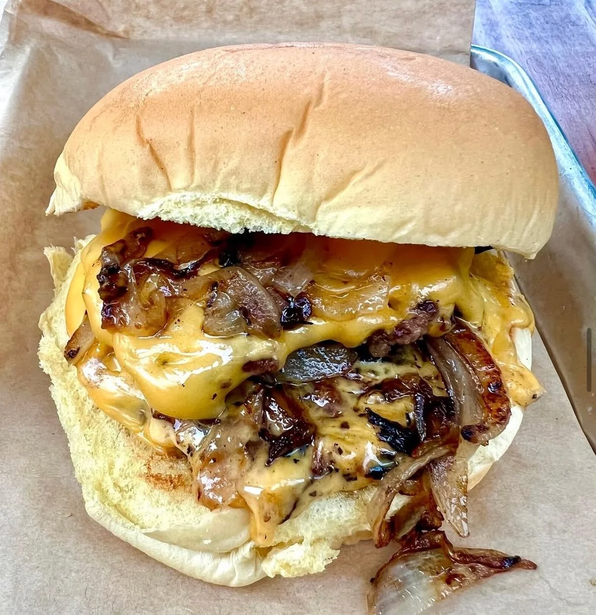 Our July special is the Oklahoma Fried Onion Burger&rdquo;
2 beef patties, with American cheese, and vidalia onions on a potato bun