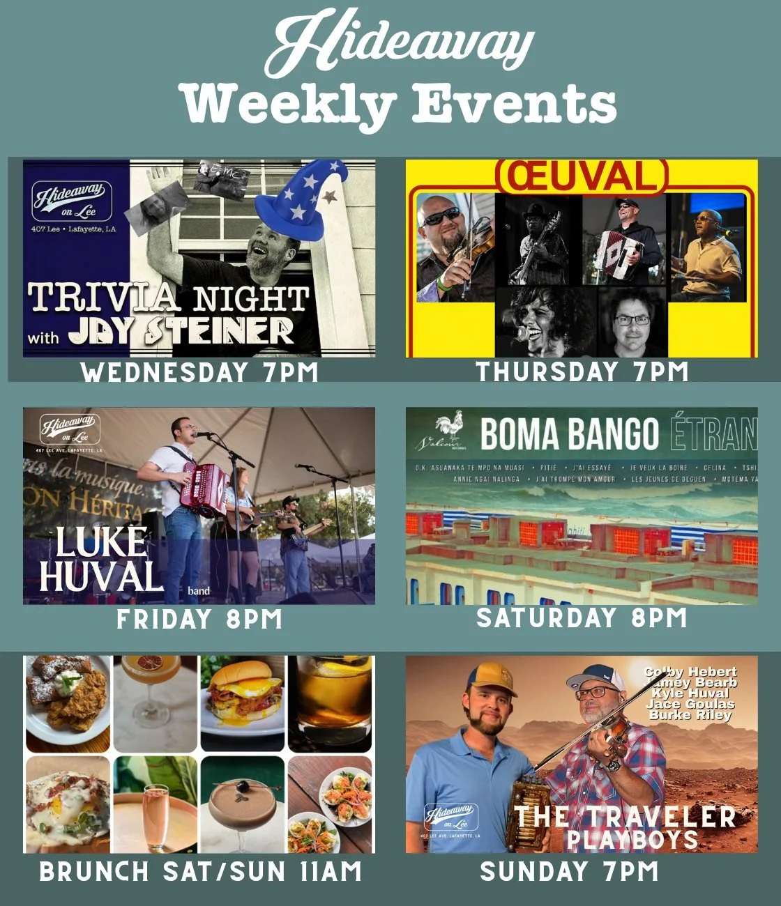This week at Hideaway on Lee!  See our events page for more details on these great bands