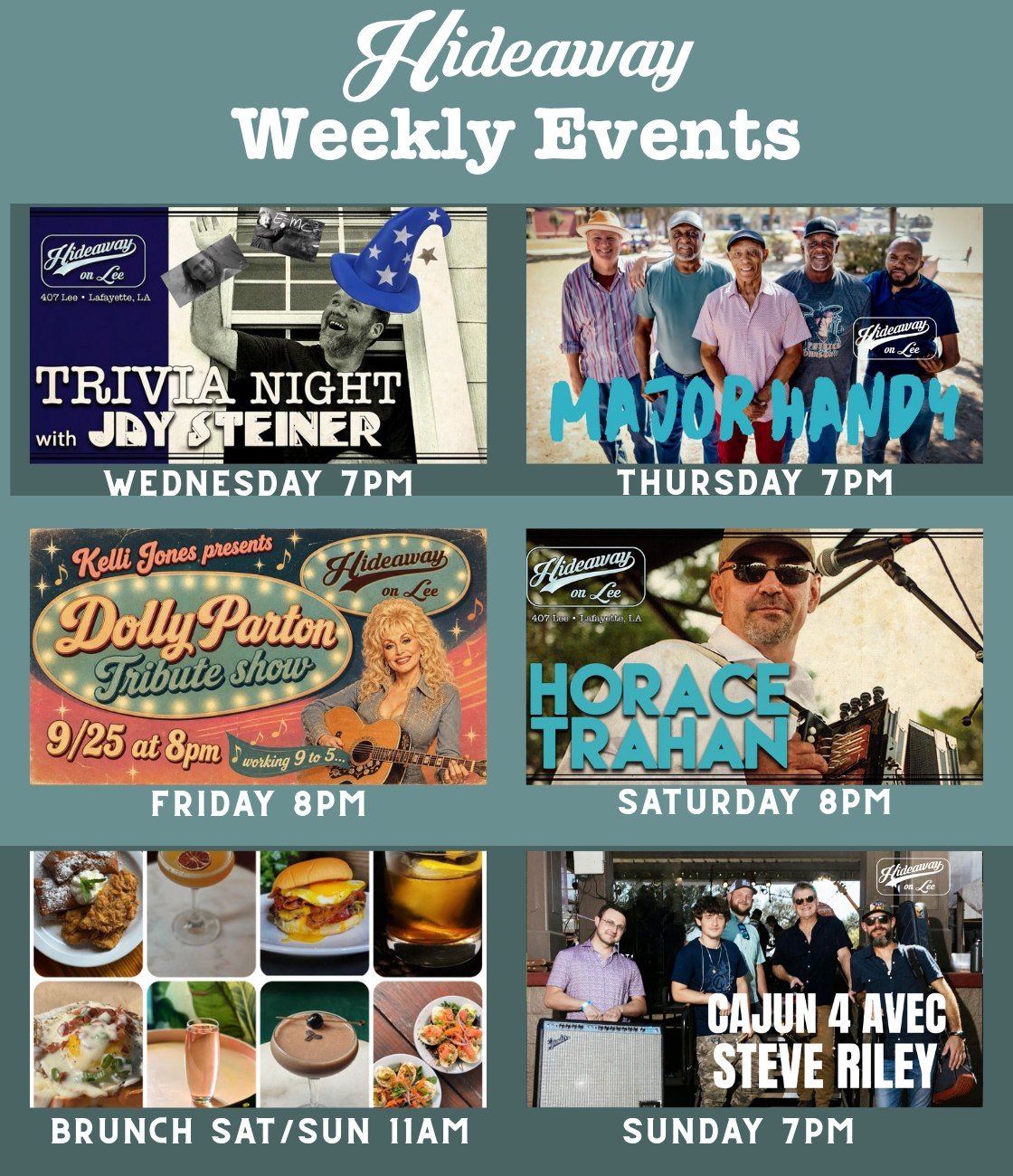 This week at Hideaway on Lee!  Friday night is a special night!  Join us while we celebrate 9-to-5 on 9/25 "Dolly Parton Tribute Show" lead by Kelli Jones with a huge lineup of musician friends and singers.  Dress up to win a free drink wit
