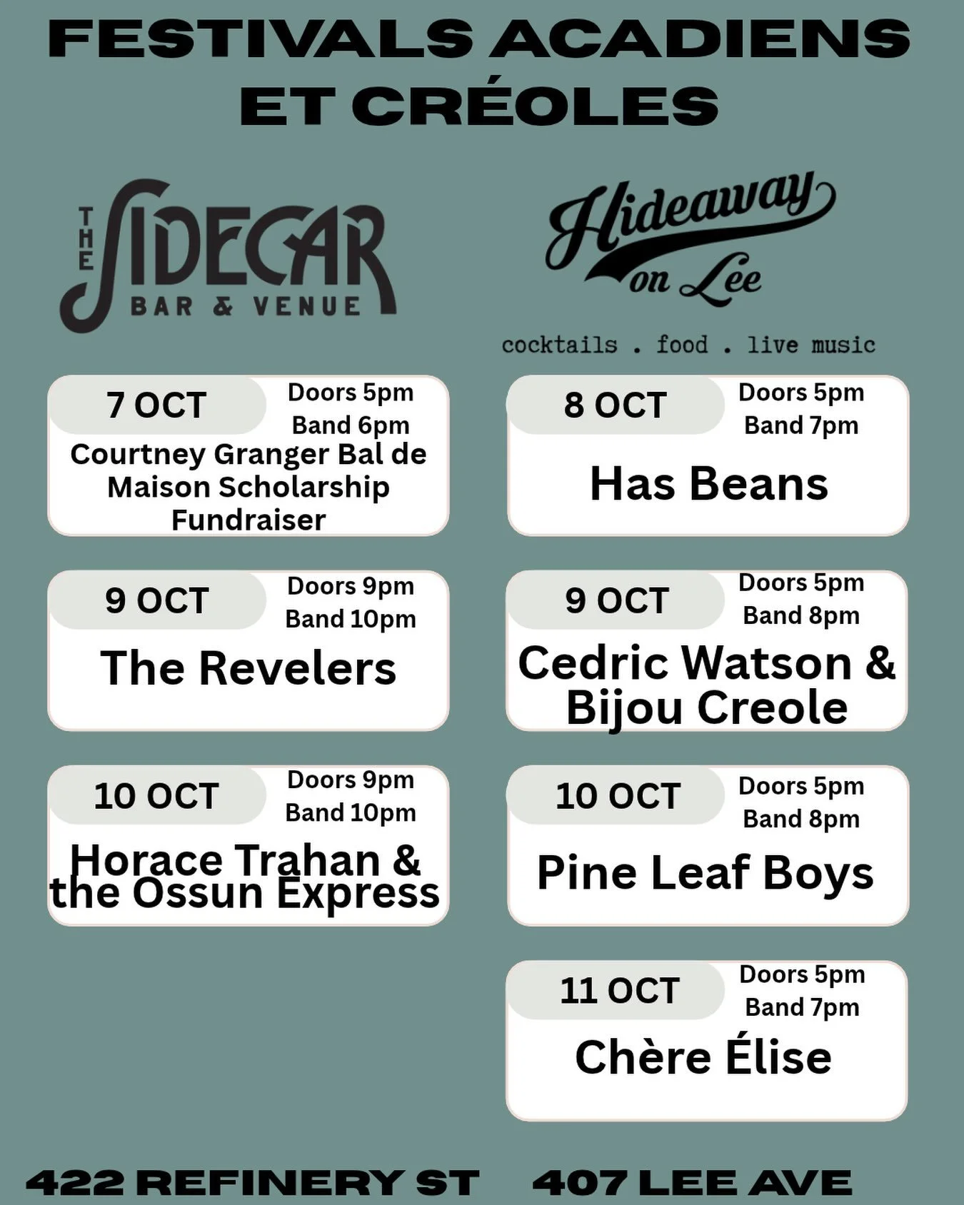 Make your festival plans at The Sidecar and Hideaway on Lee