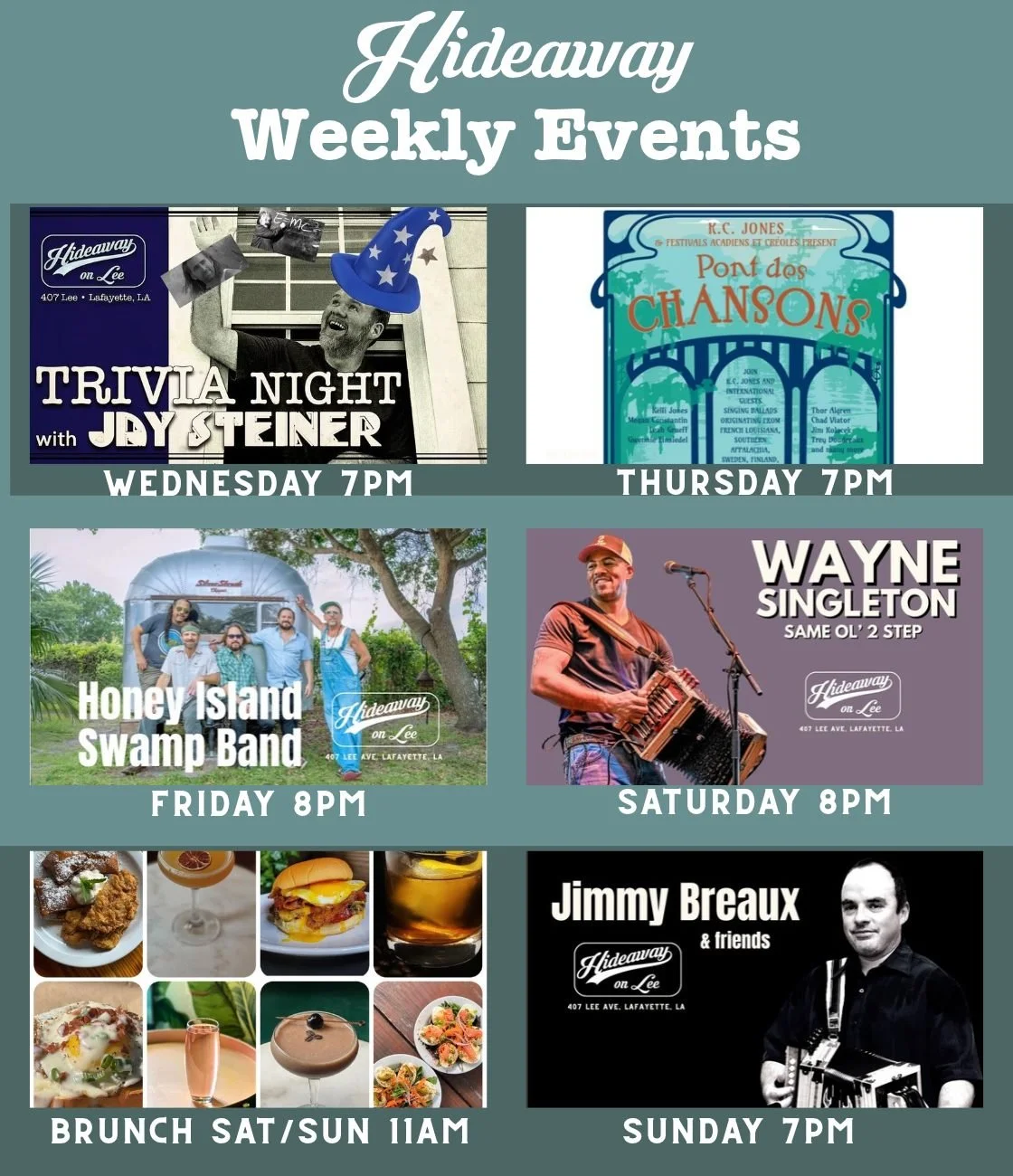 This week at Hideaway on Lee!  Much cooler temps to celebrate!  See our events page or website for more info for individual shows