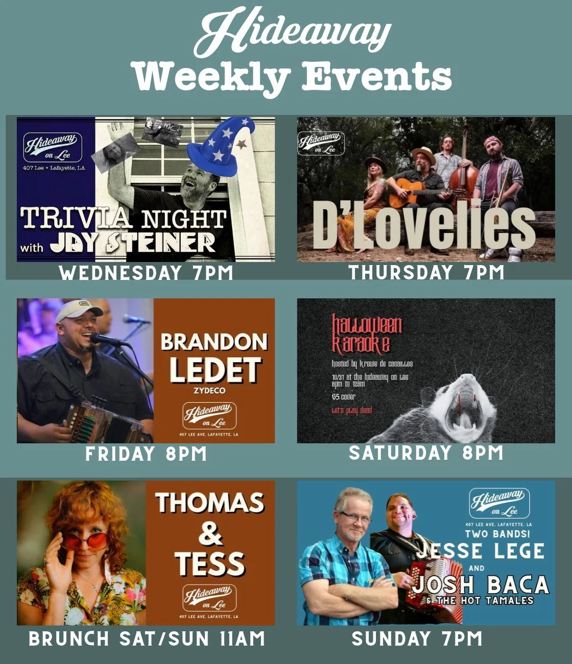 This week at Hideaway on Lee!  Saturday is Halloween Karaoke and Sunday Brunch is our annual Thomas and Tess ($5 cover for music on Sunday)- beautiful weather and amazing music!