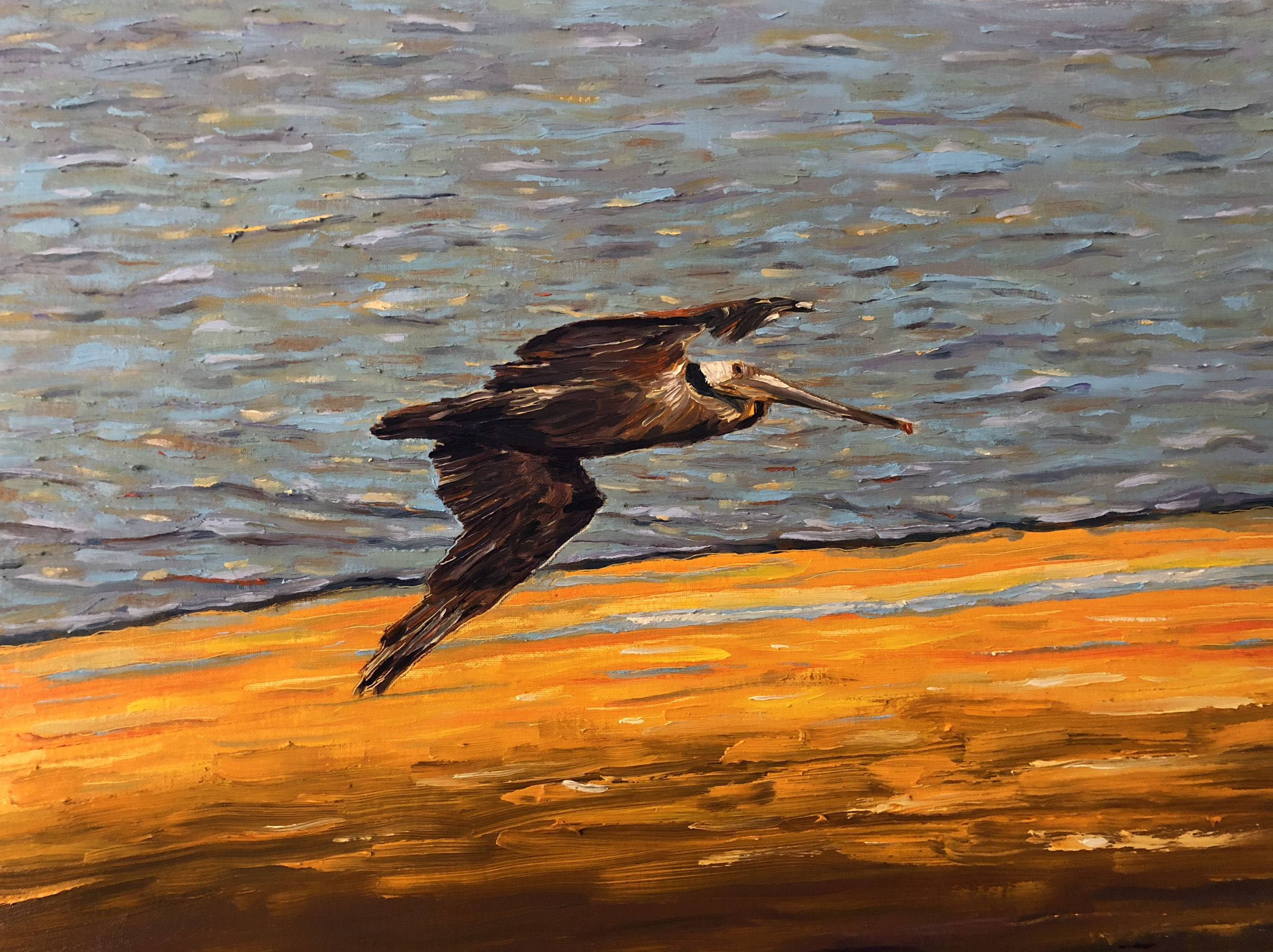 Pelicans On the Fly
  |  Oil on Canvas Panel  |  18" x 24"   | February 2021  |  