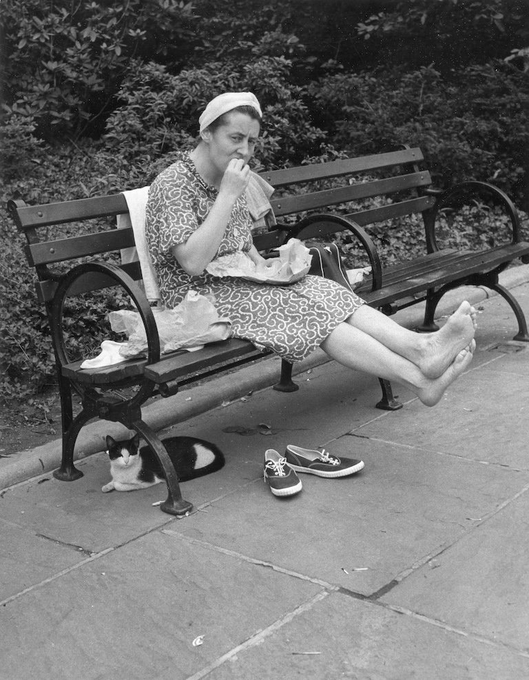 Barefoot Woman on Bench with Cat