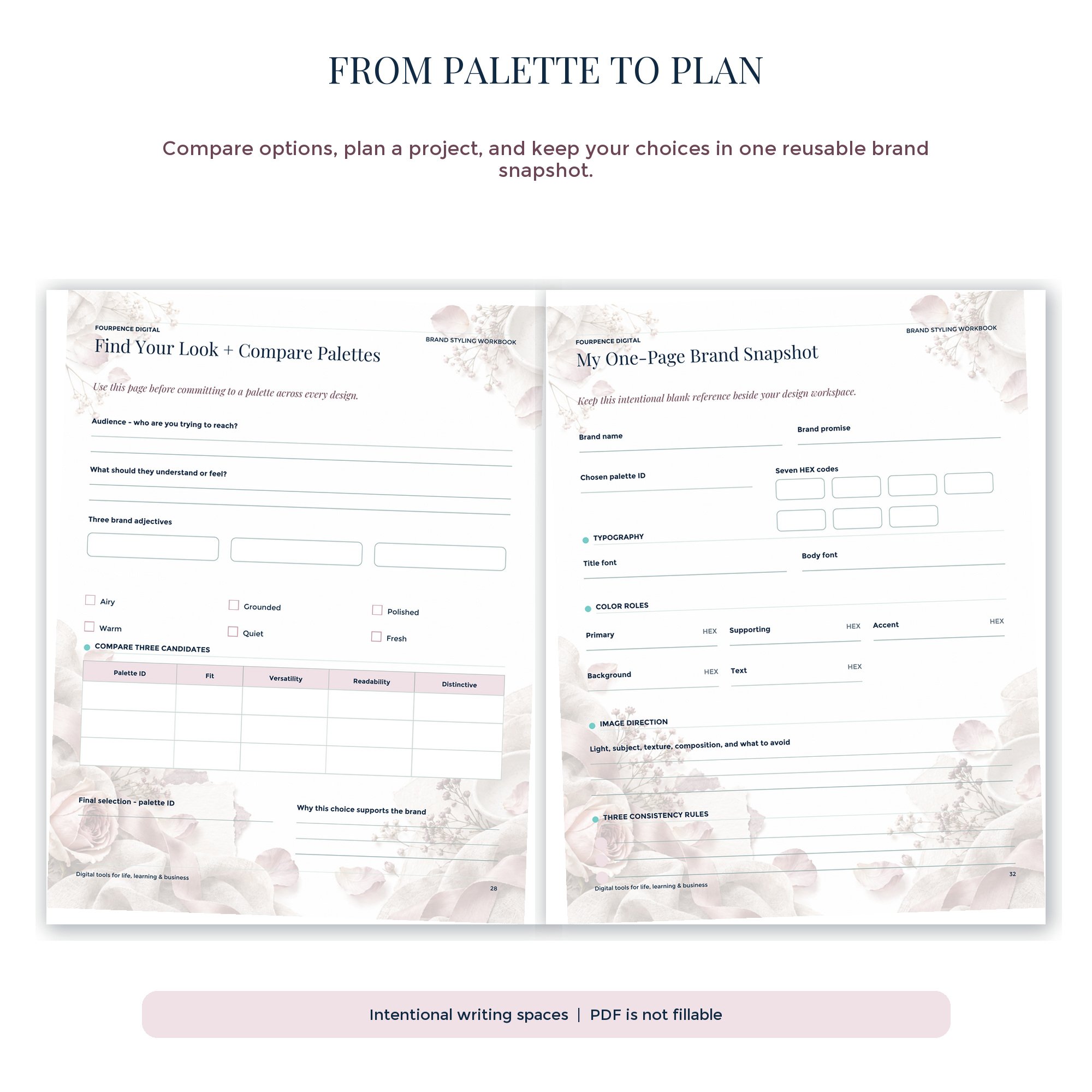 Blush & Linen workbook planning tools for comparing palettes and organizing brand colors.