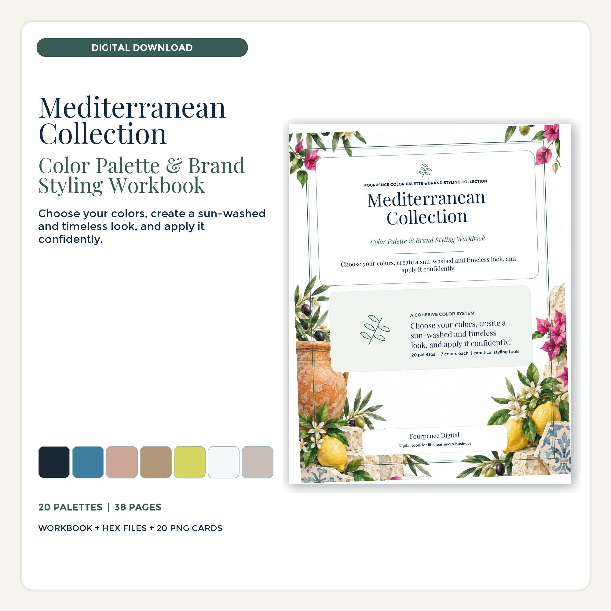 Mediterranean Color Palette & Brand Styling Workbook cover and coordinated digital product mockup.
