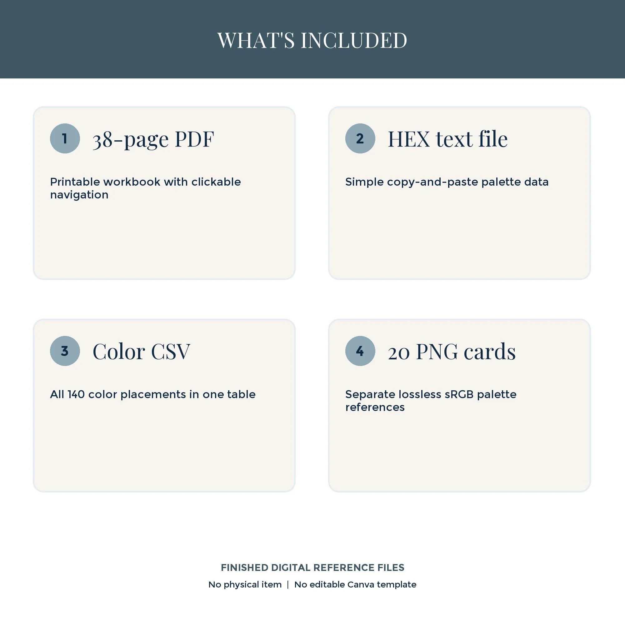 Preview of files included in the Nordic Winter workbook: PDF, HEX codes, CSV reference, and 20 PNG palette cards.