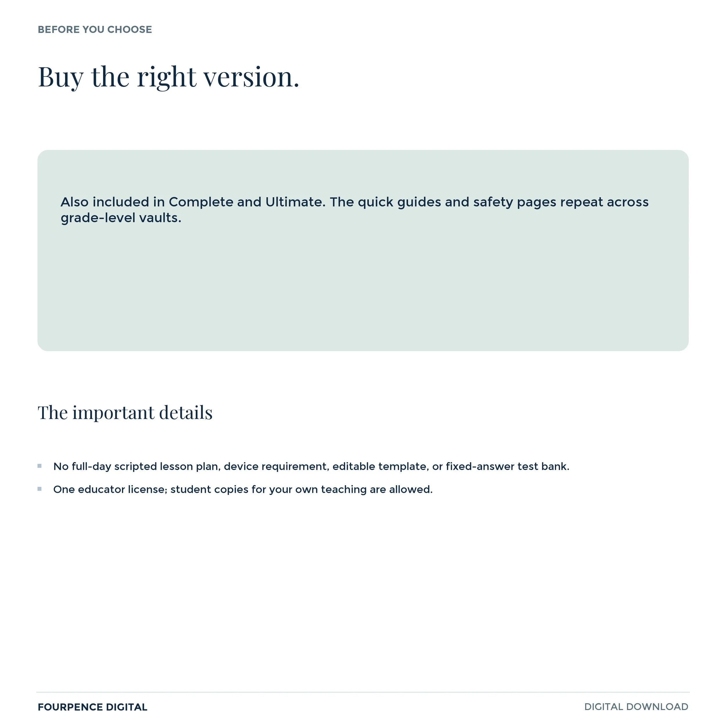 Overlap and before-you-buy details for Middle School Emergency Activity Vault from Fourpence Digital.