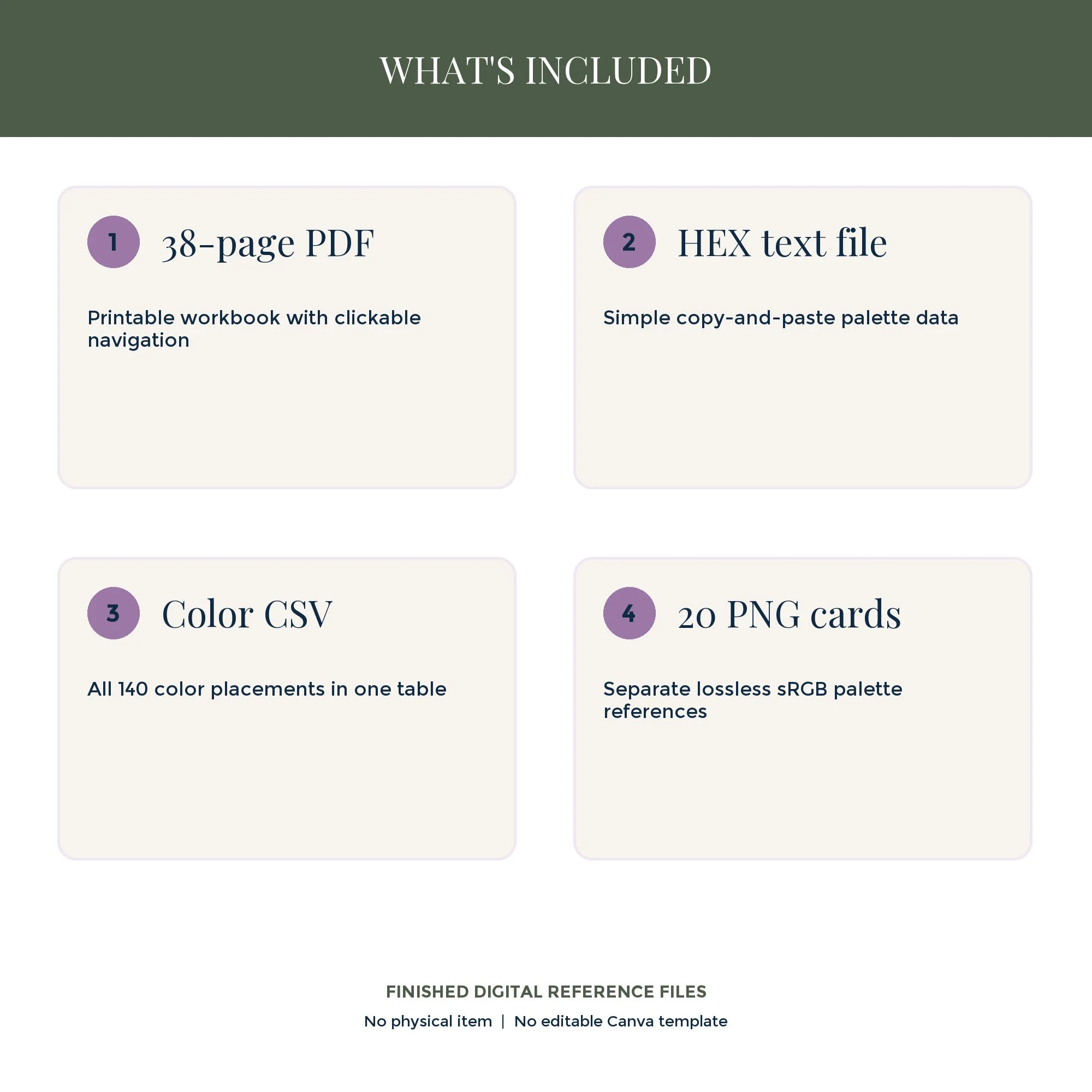 Preview of files included in the Wildflower Meadow workbook: PDF, HEX codes, CSV reference, and 20 PNG palette cards.