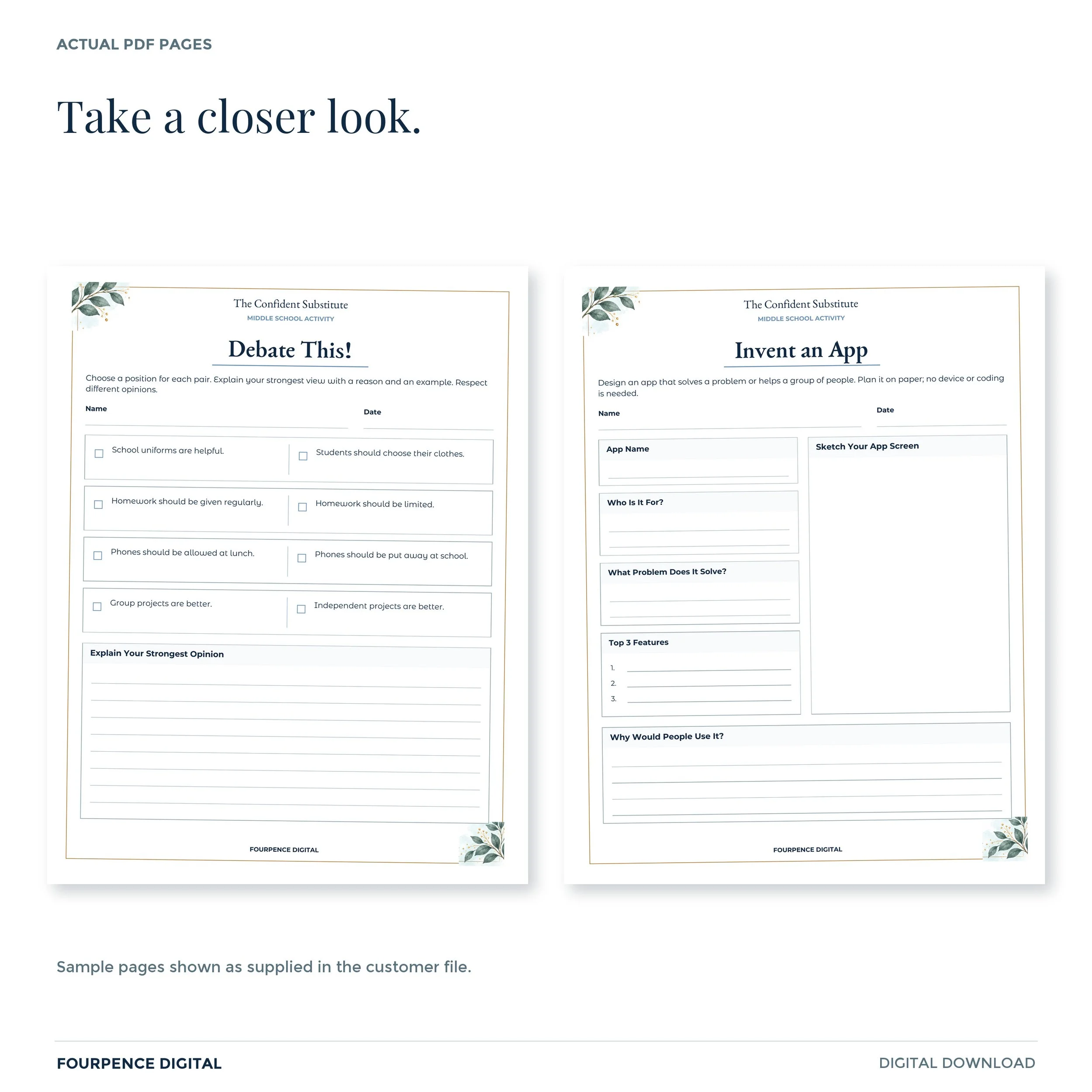 Two actual printable pages from Middle School Emergency Activity Vault with white writing space and botanical accents.