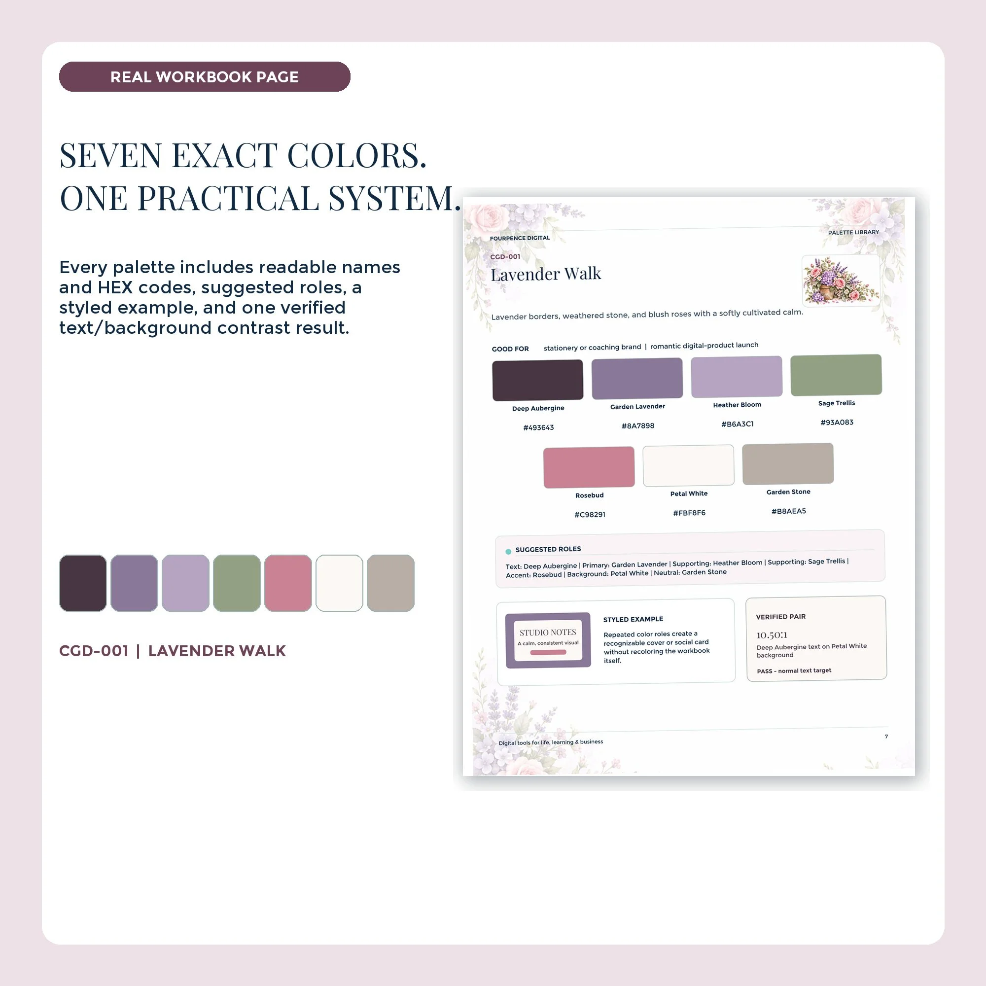 Cottage Garden workbook palette page with seven labeled colors and HEX codes.