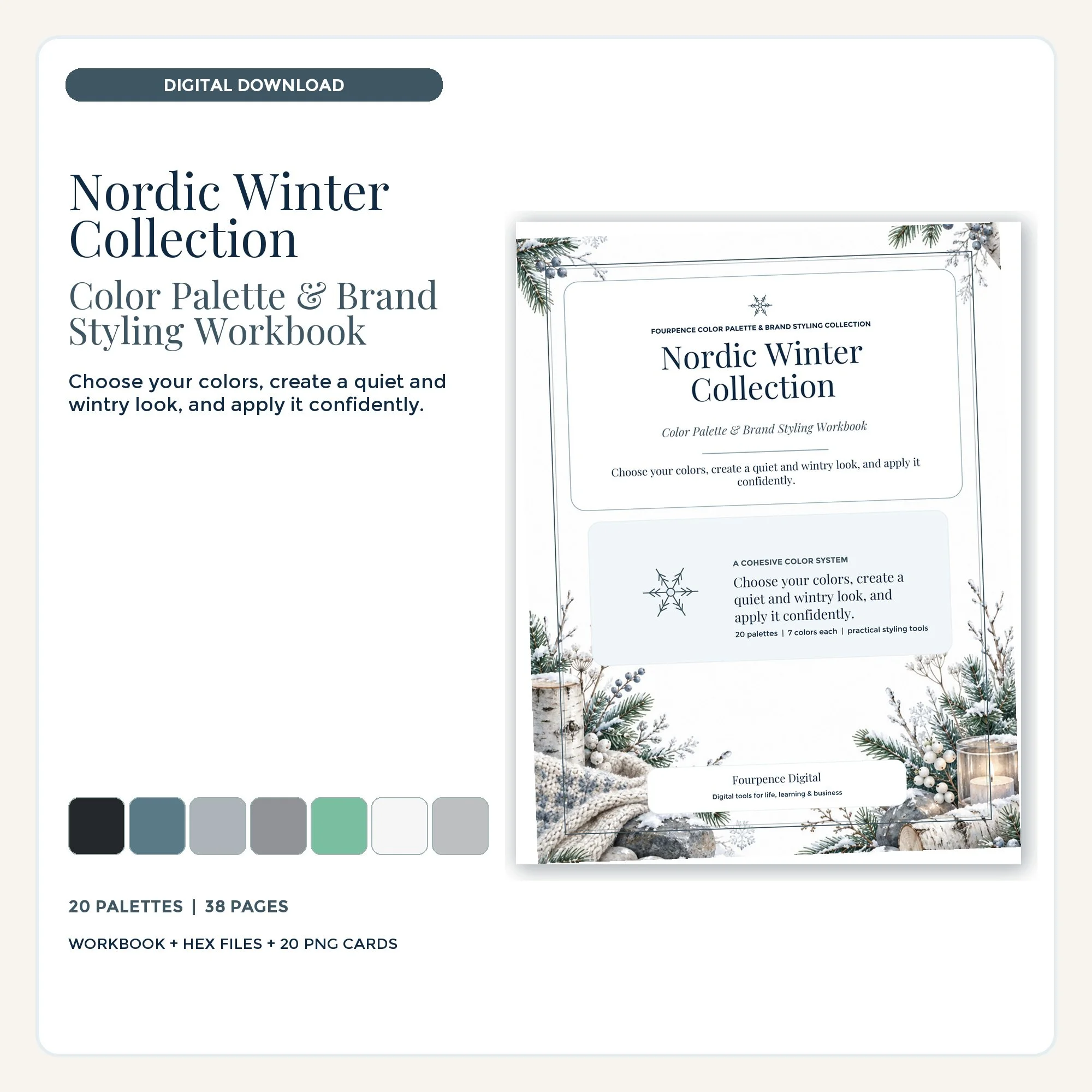 Nordic Winter Color Palette & Brand Styling Workbook cover and coordinated digital product mockup.