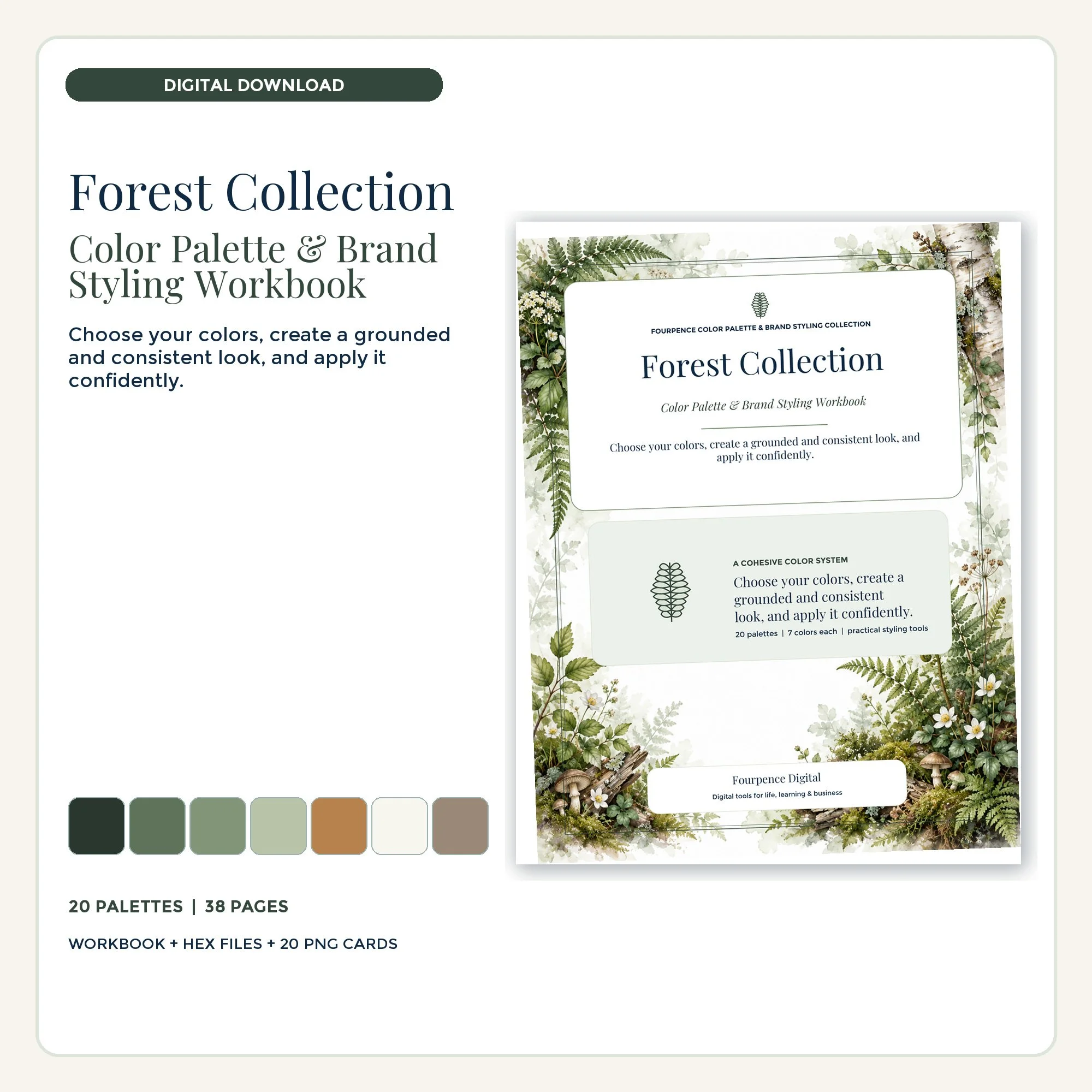 Forest Color Palette & Brand Styling Workbook cover and coordinated digital product mockup.