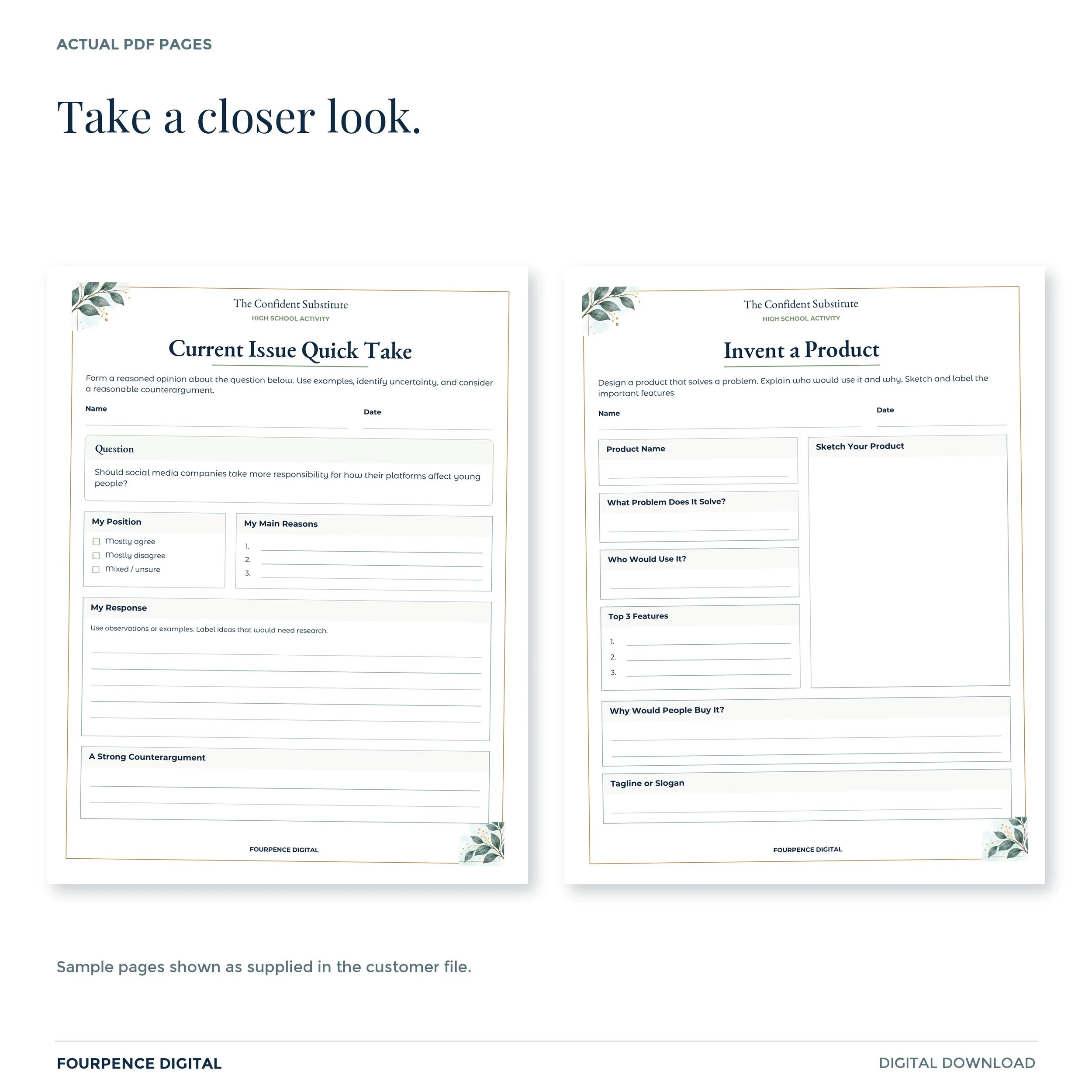 Two actual sample pages from High School Emergency Activity Vault, showing worksheet or form instructions and writing areas.