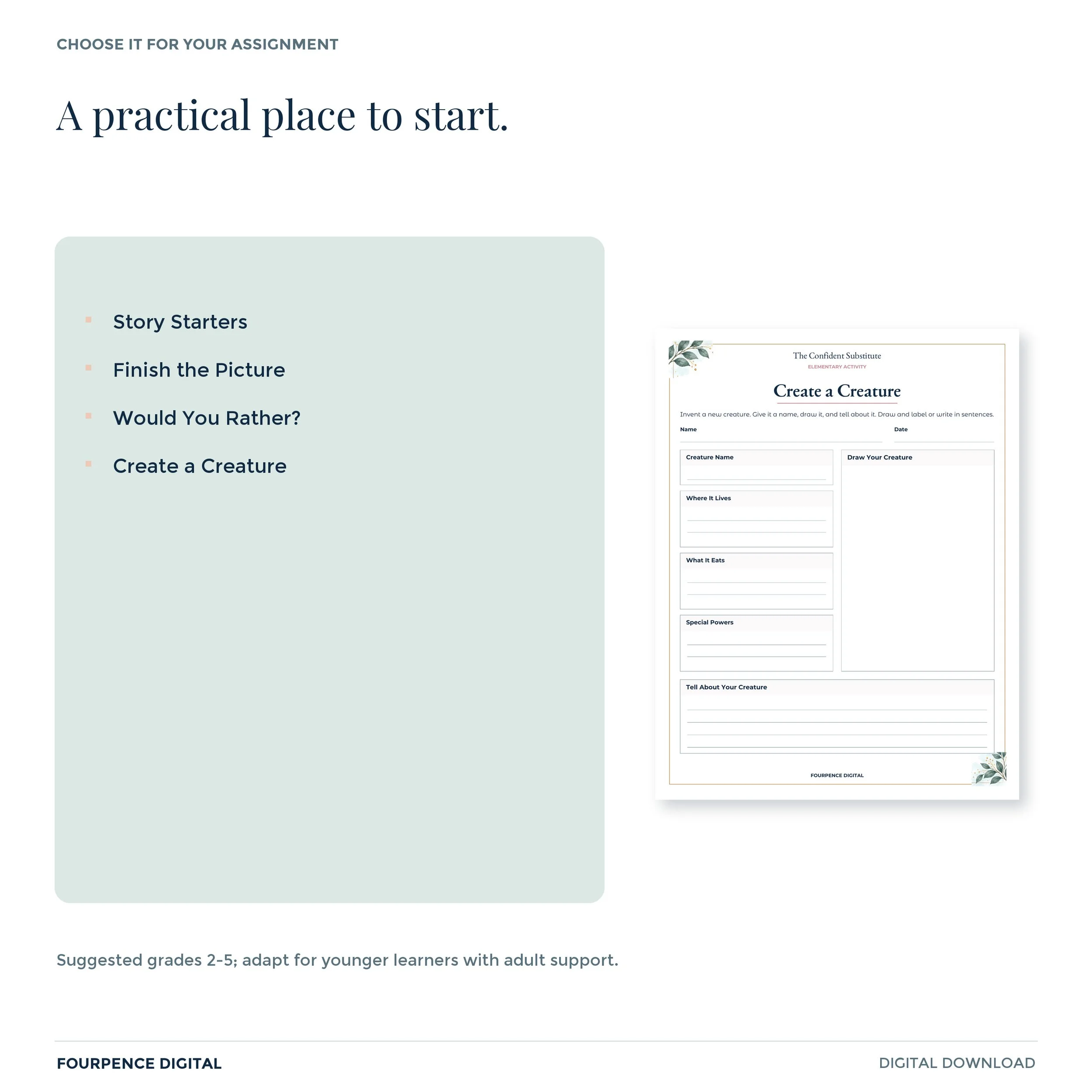 Examples and suggested audience for Elementary Emergency Activity Vault, with an actual interior page.