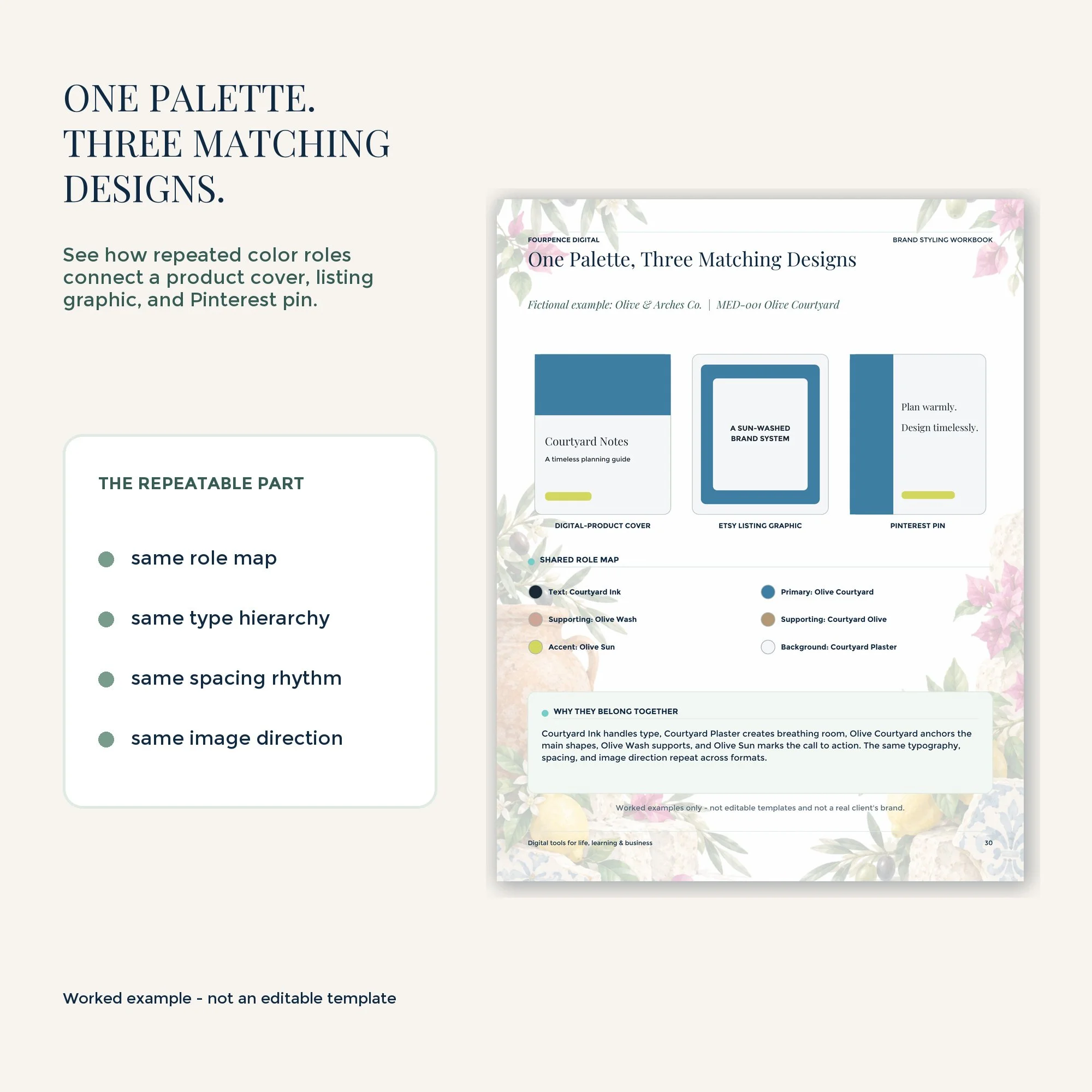 Mediterranean color palette applied across coordinated brand and marketing designs.