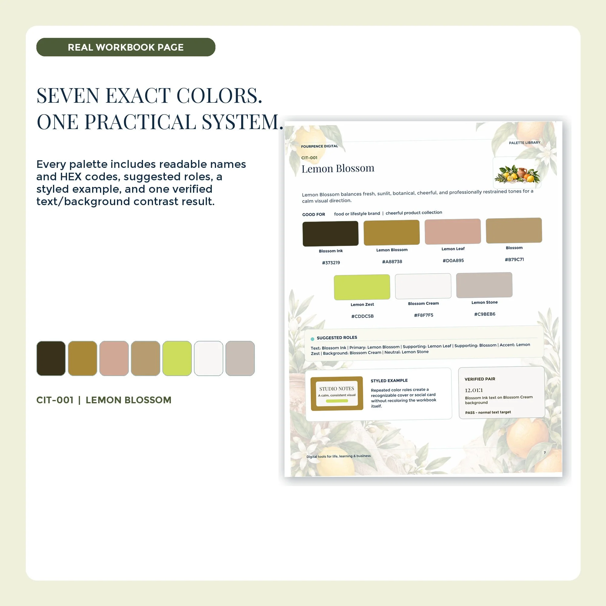 Citrus Grove workbook palette page with seven labeled colors and HEX codes.