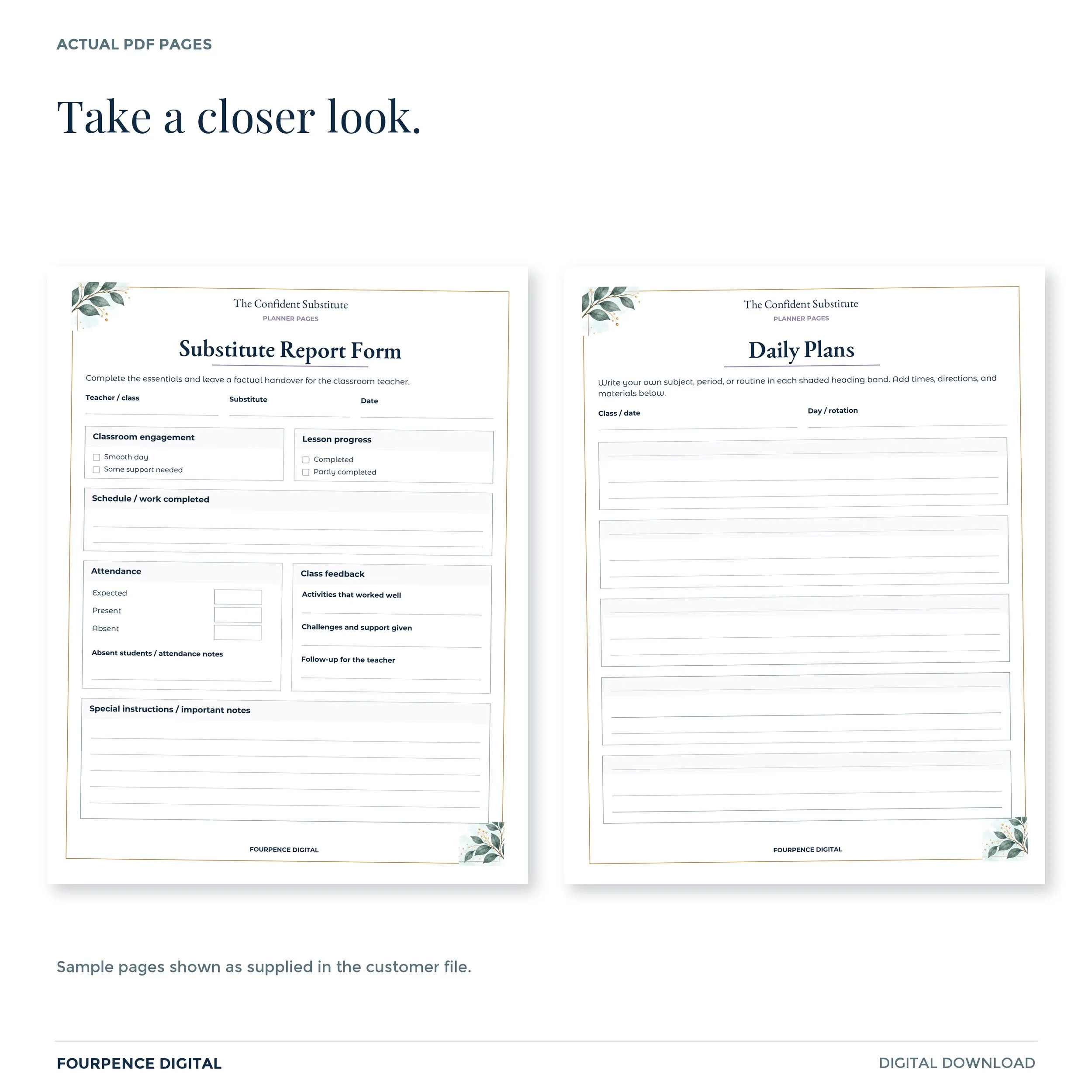 Two actual sample pages from Substitute Teacher Planner, showing worksheet or form instructions and writing areas.