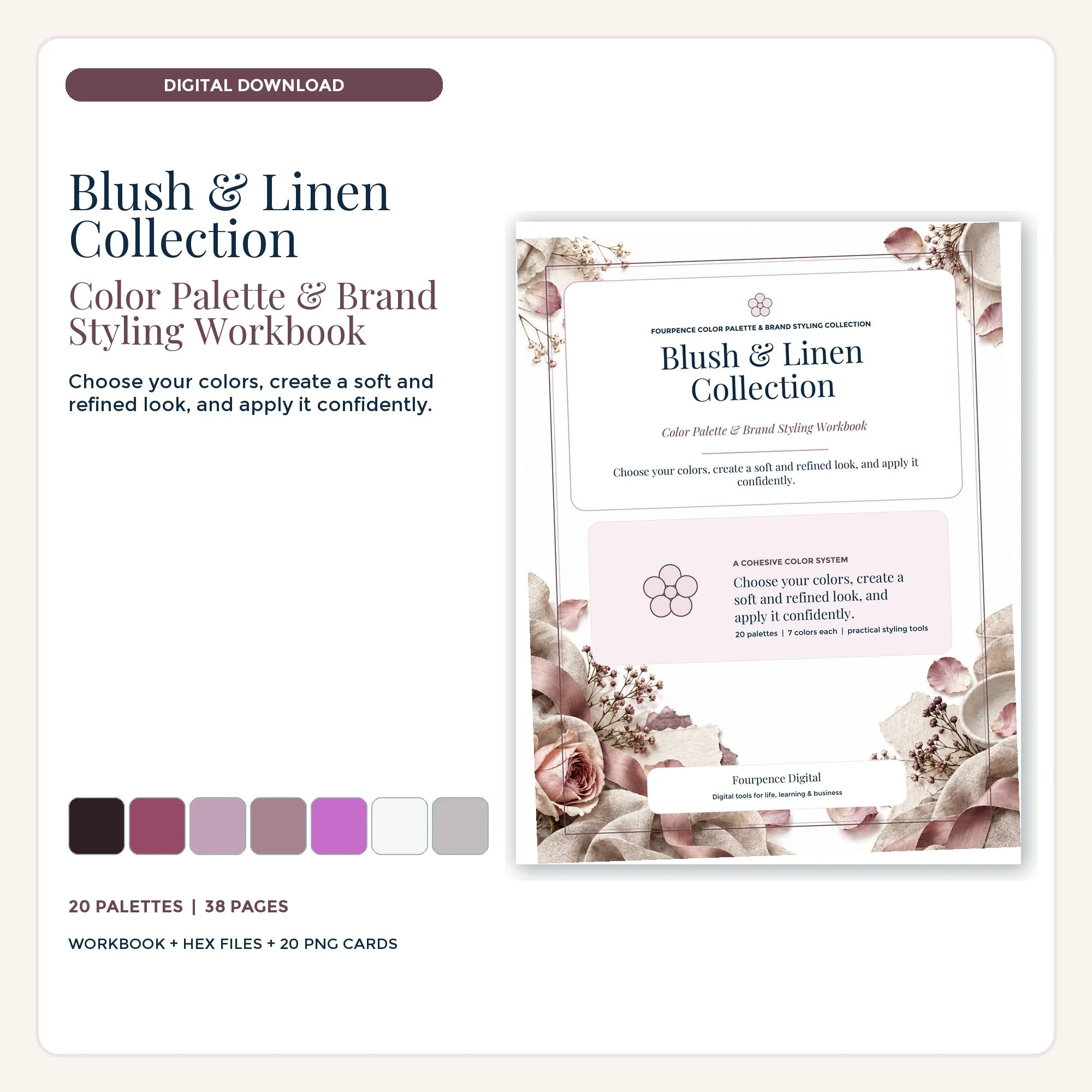 Blush & Linen Color Palette & Brand Styling Workbook cover and coordinated digital product mockup.