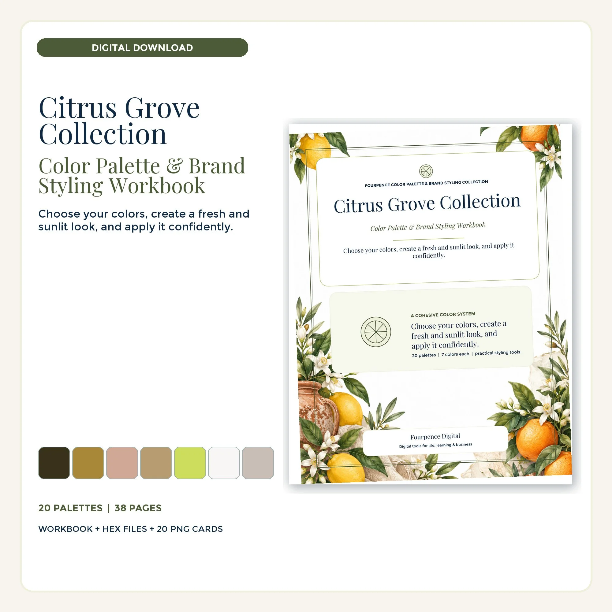 Citrus Grove Color Palette & Brand Styling Workbook cover and coordinated digital product mockup.