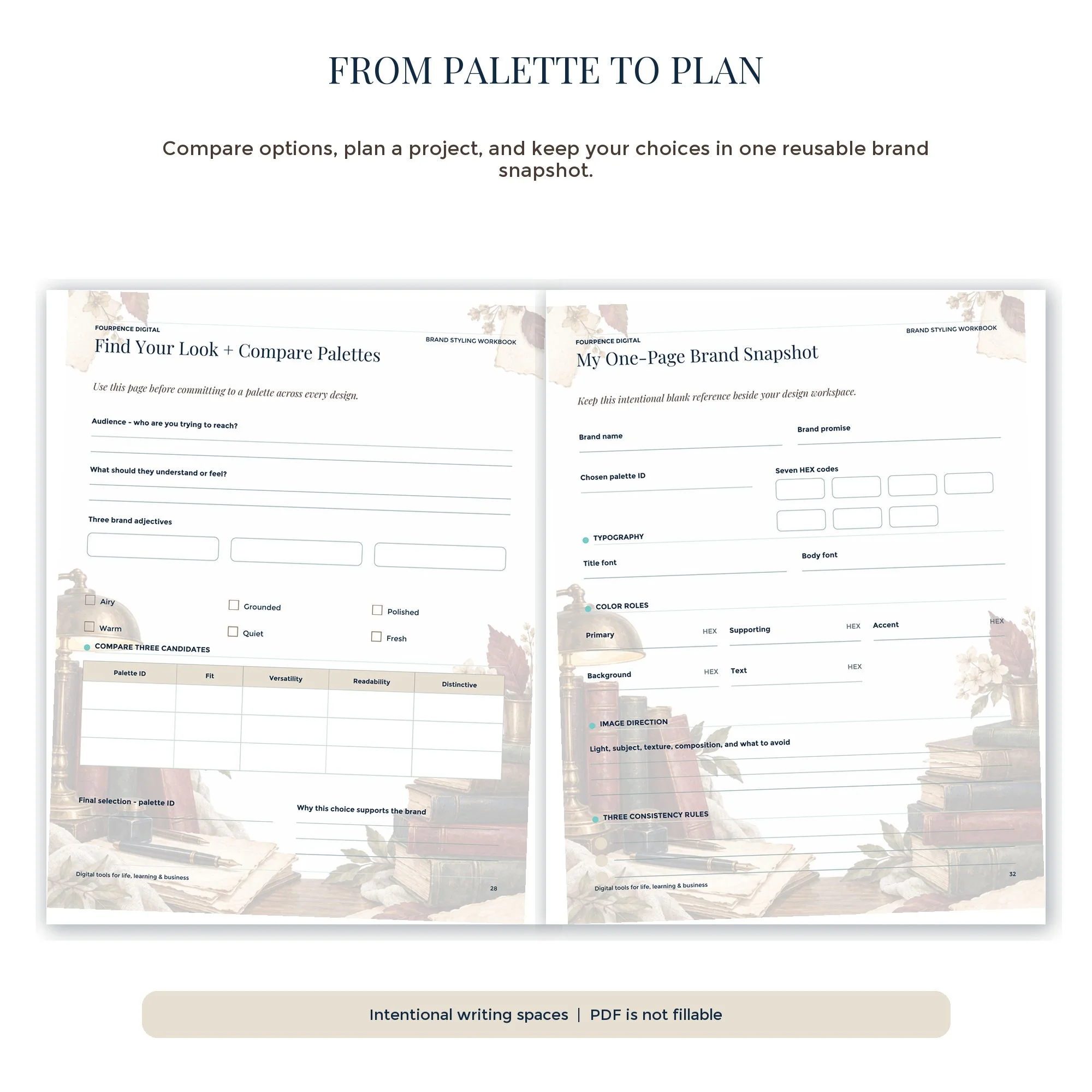 Vintage Library workbook planning tools for comparing palettes and organizing brand colors.