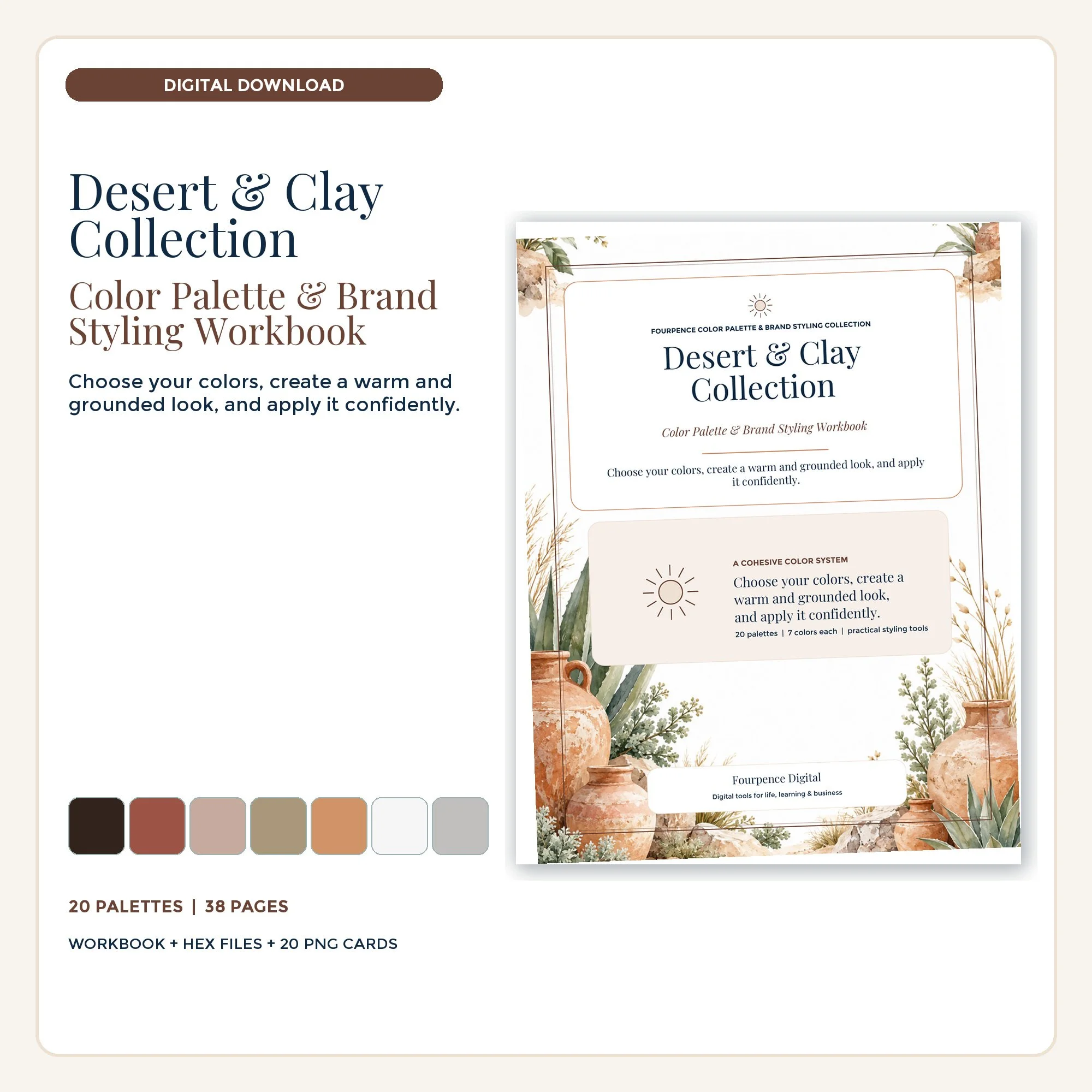 Desert Clay Color Palette & Brand Styling Workbook cover and coordinated digital product mockup.
