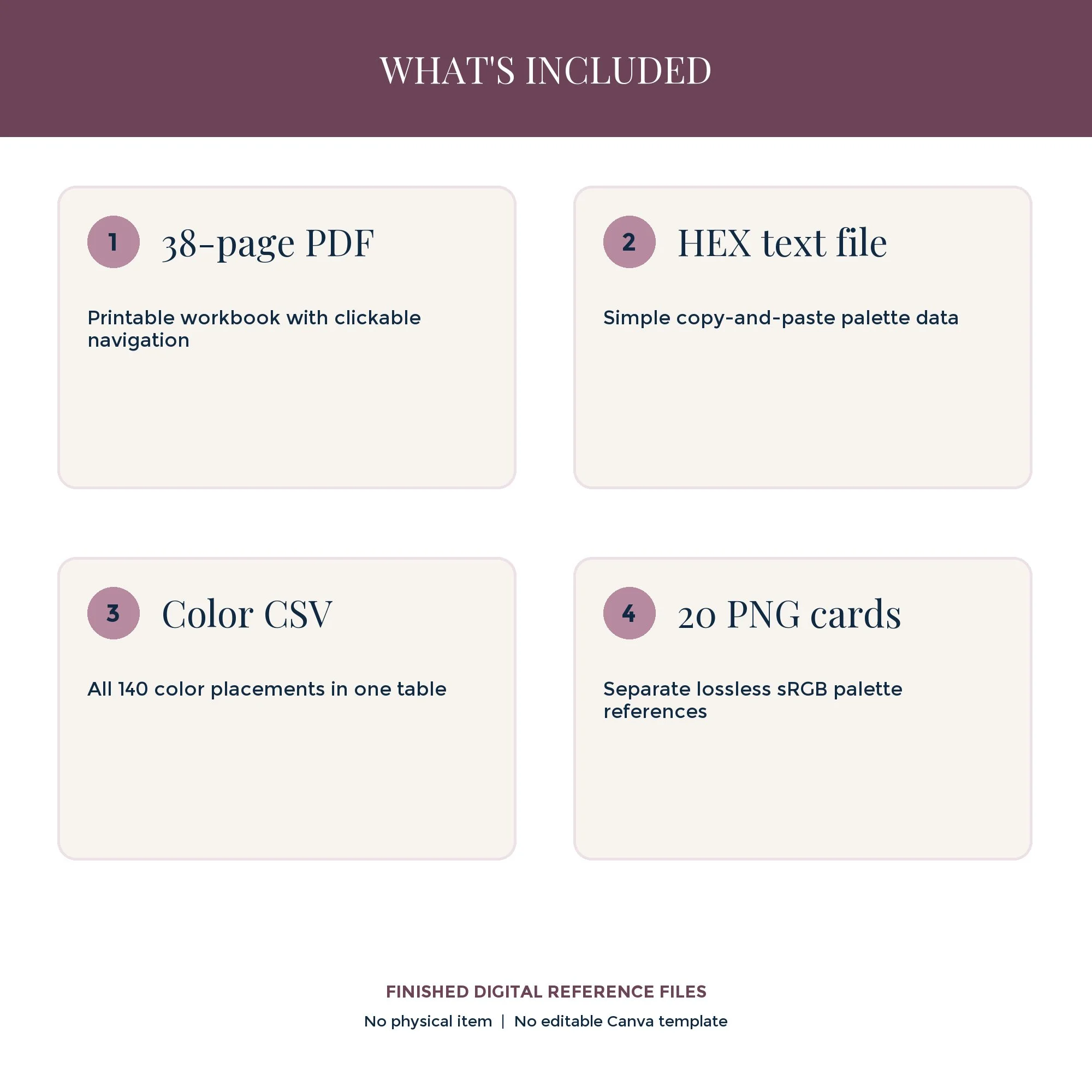 Preview of files included in the Cottage Garden workbook: PDF, HEX codes, CSV reference, and 20 PNG palette cards.