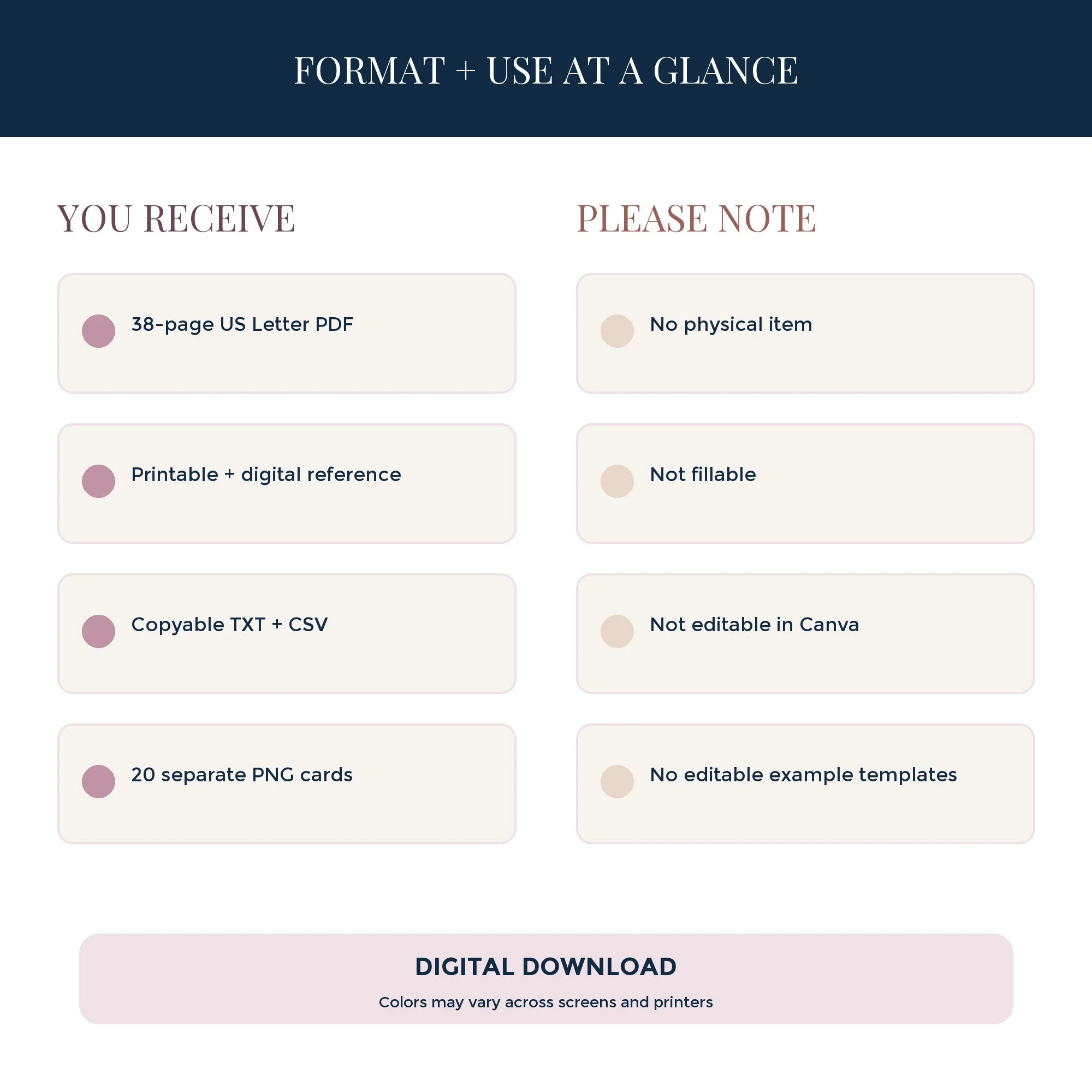 Blush & Linen digital workbook format and use information for screen, print, and compatible PDF annotation.
