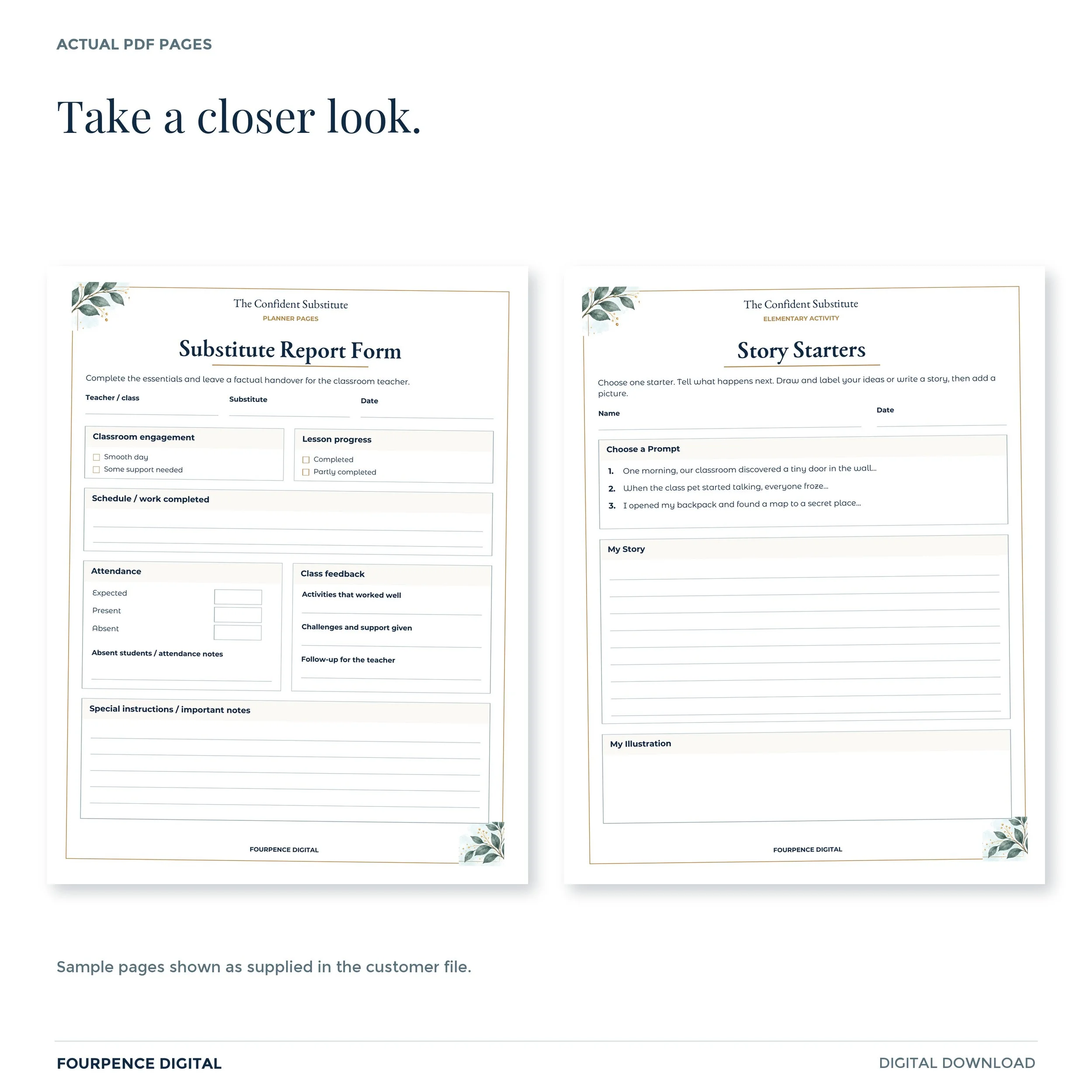 Two actual sample pages from Ultimate Substitute Vault, showing worksheet or form instructions and writing areas.